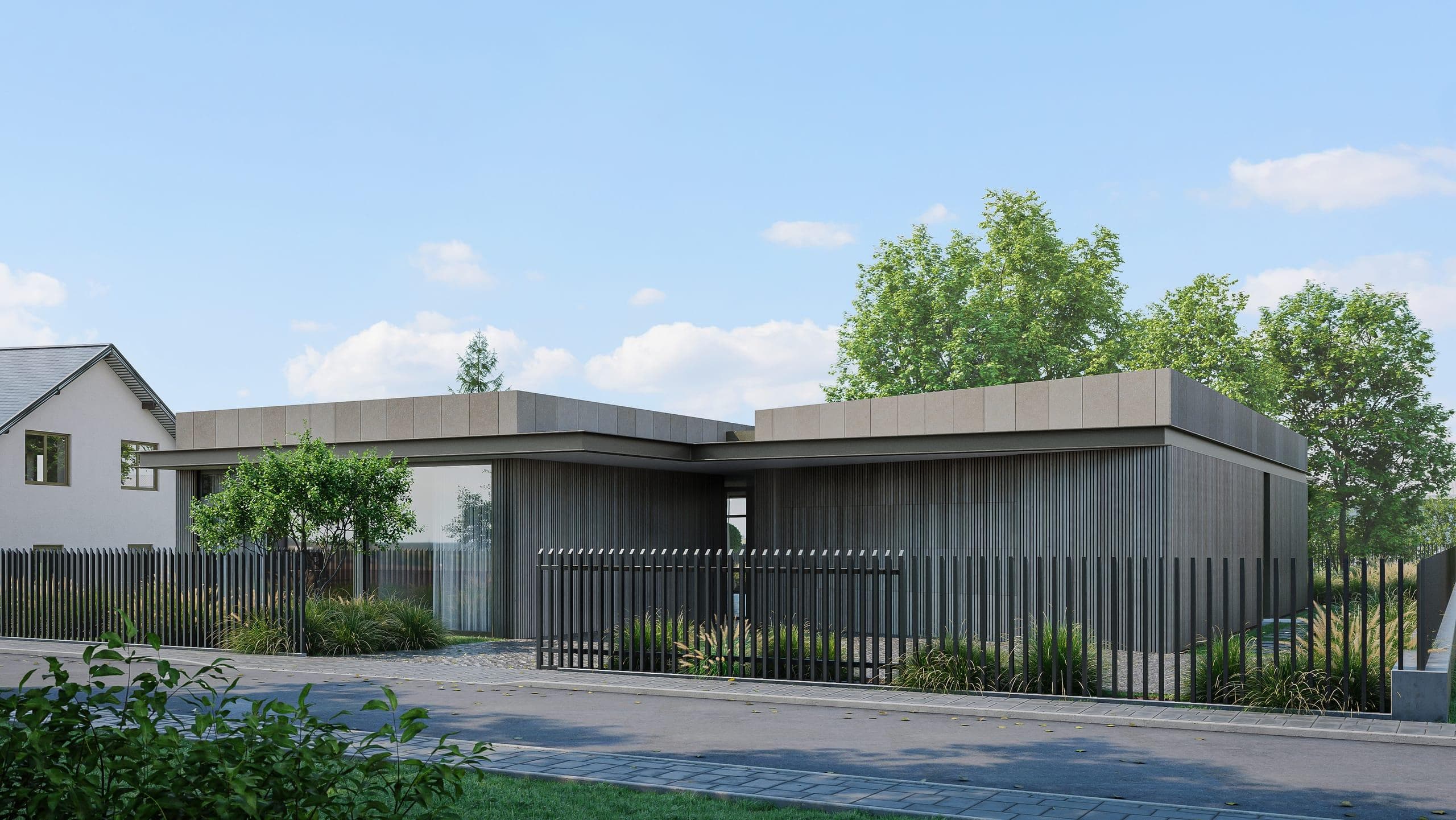Courtyard Canopy House — render of the street elevation, timber cladding behind a metal fence