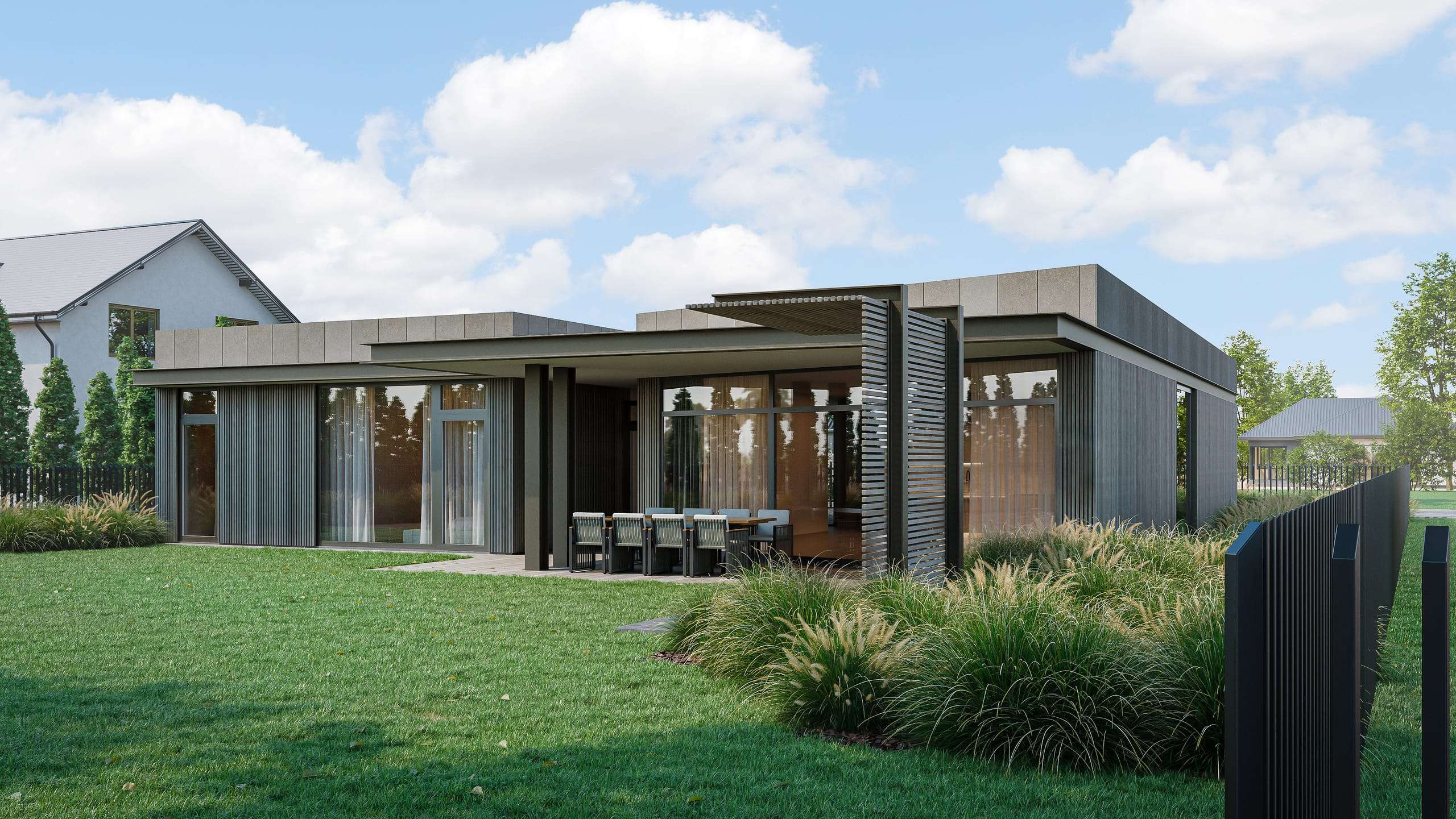 Courtyard Canopy House — render of the garden elevation, a covered terrace set into the timber volume