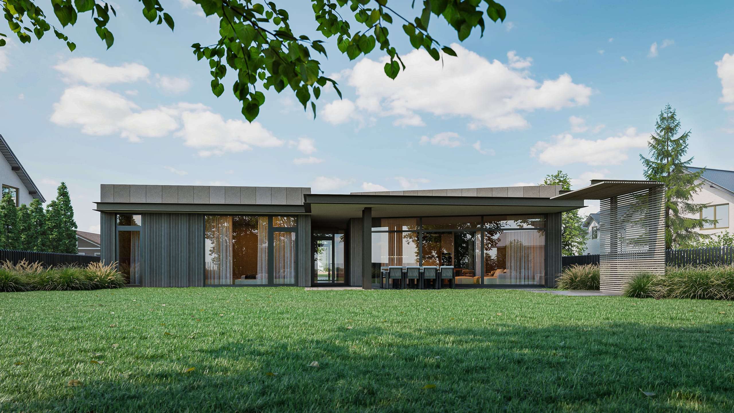Courtyard Canopy House — render across the lawn, framed by overhanging leaves