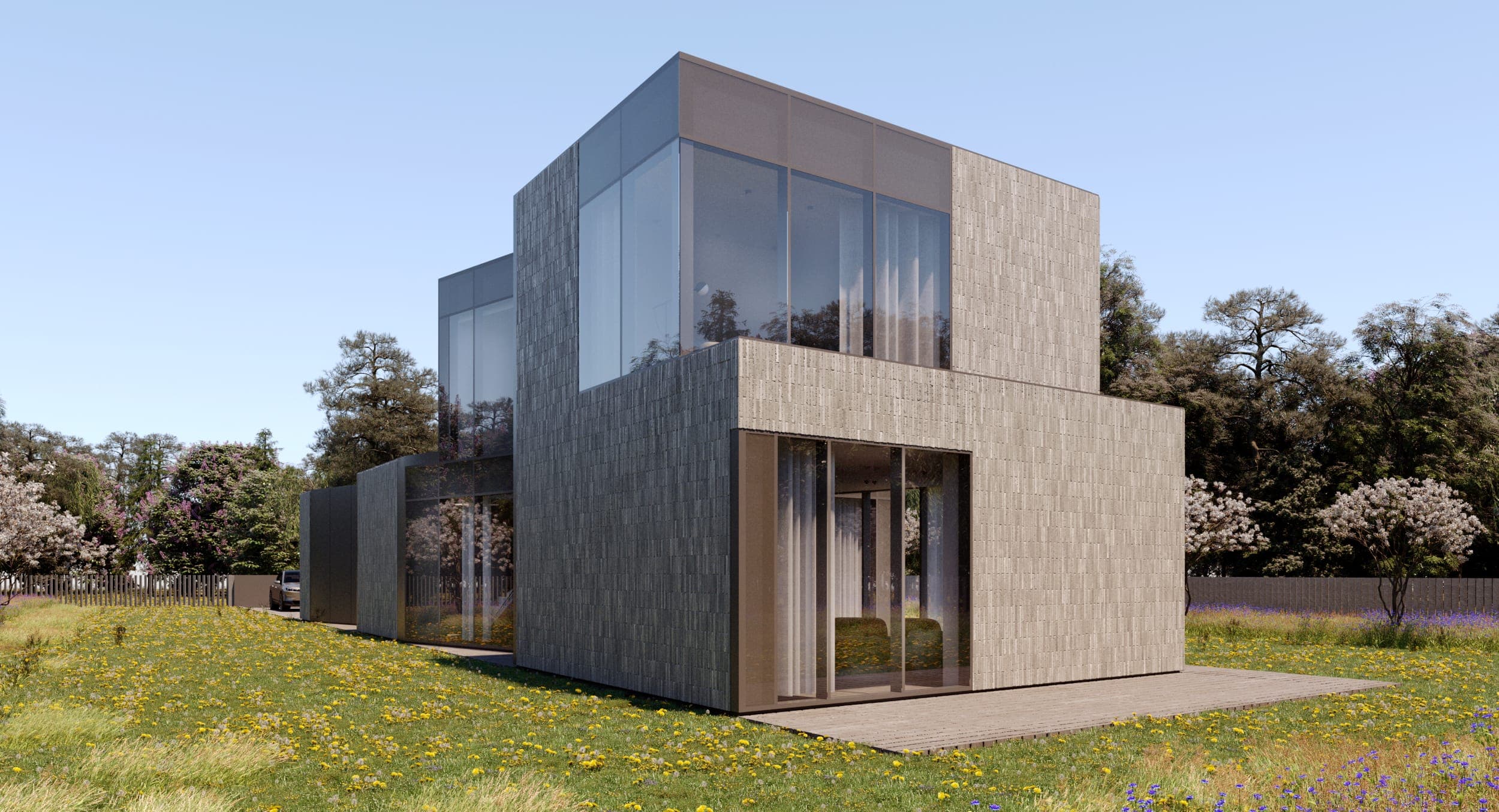 Edge House — render of the two-storey volume, glazed corner facing the garden