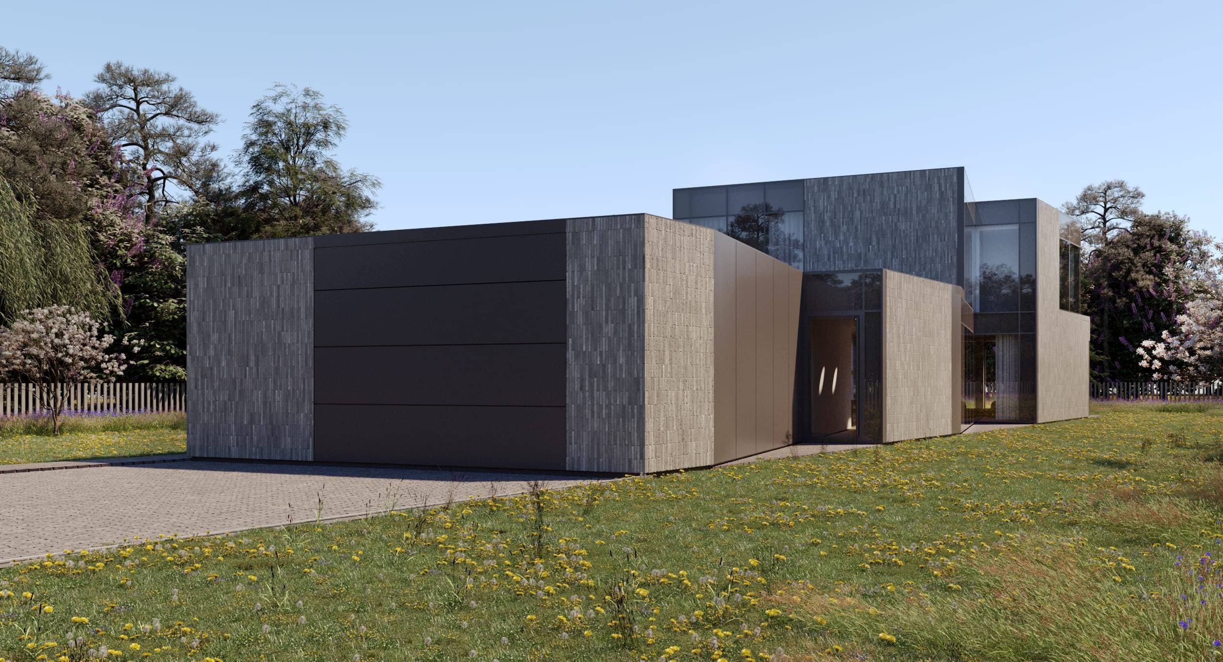 Edge House — render of the low garage volume meeting the taller living wing