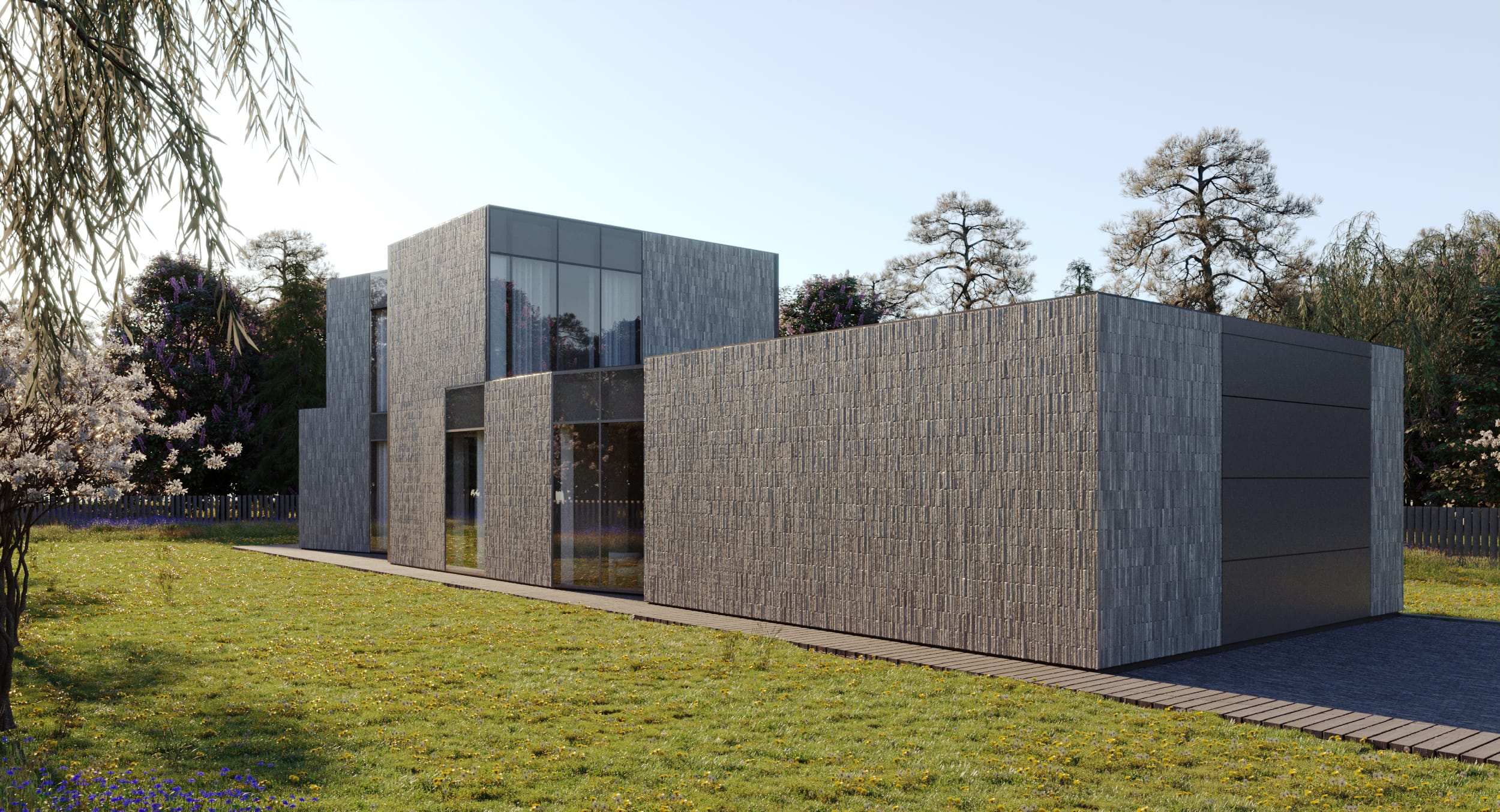 Edge House — render of the long stone-clad elevation seen across the lawn