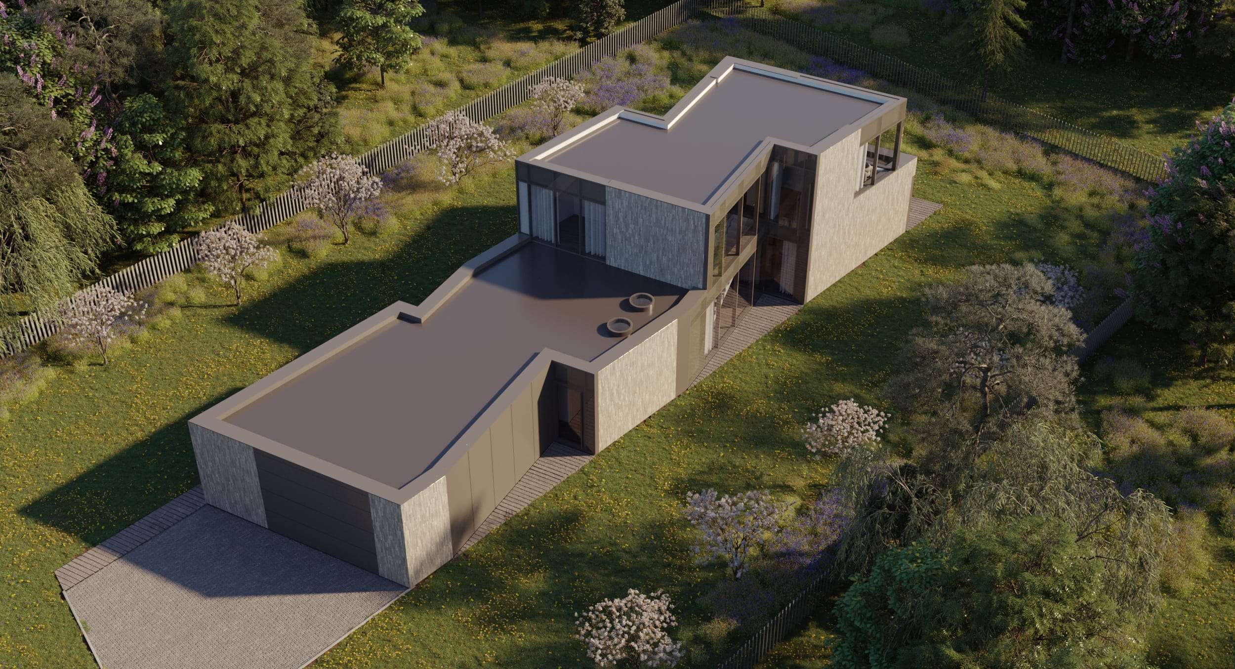 Edge House — aerial render with its drive, seen from above the garden