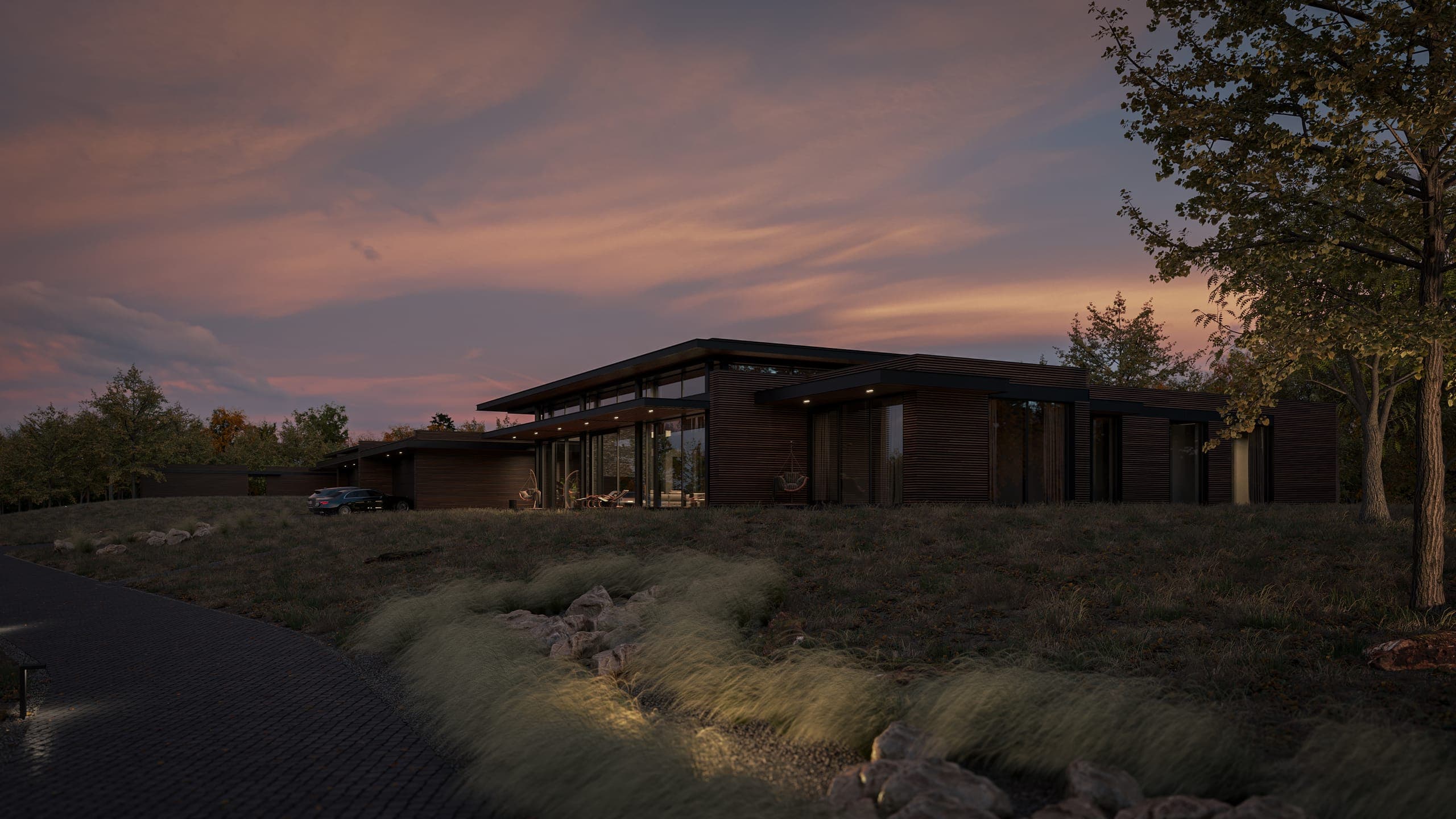 Holiday Homes on the Peninsula — render at dusk, pink sky above a dark timber home