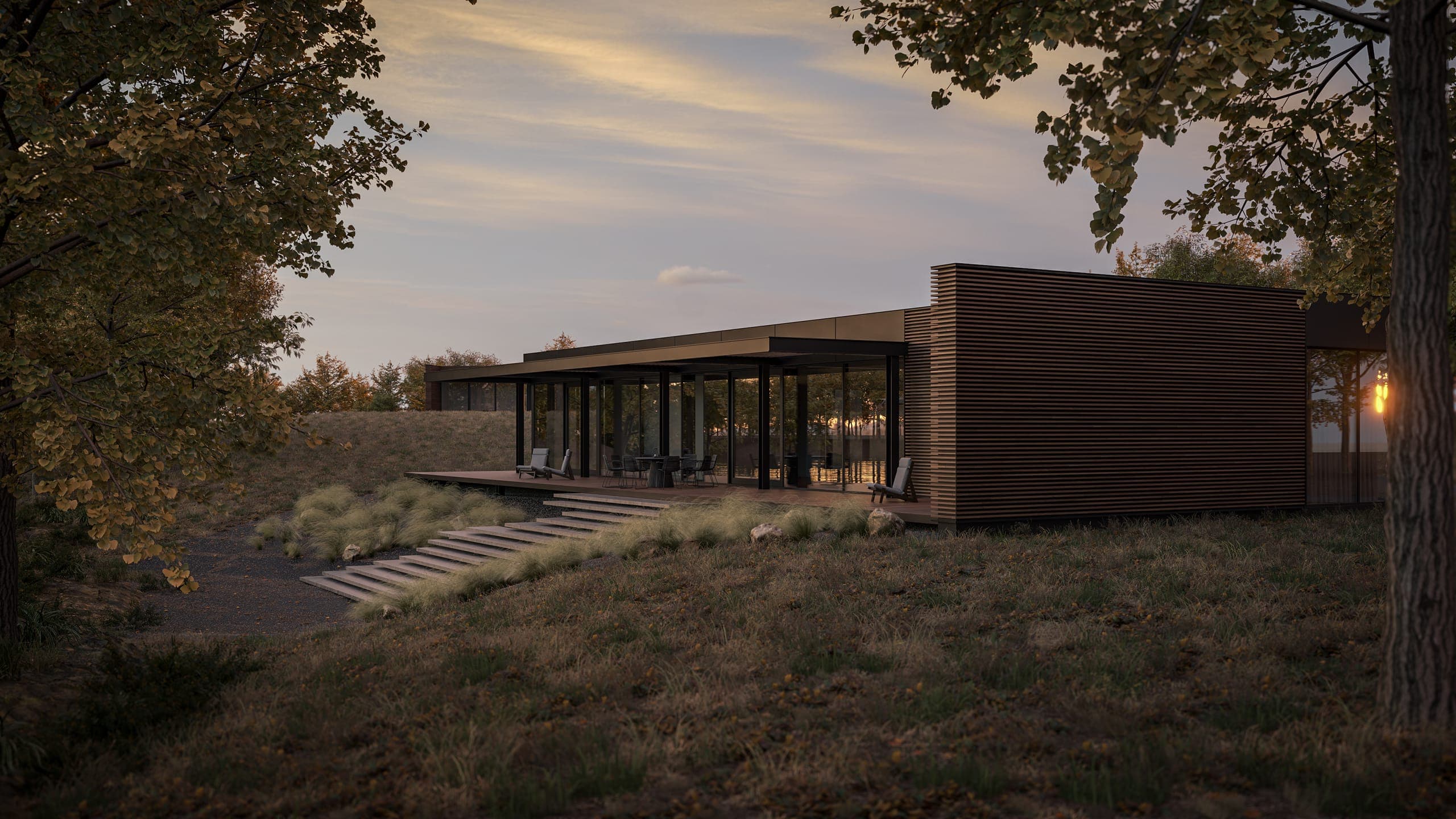 Holiday Homes on the Peninsula — render of a home framed by autumn trees, terrace facing the meadow