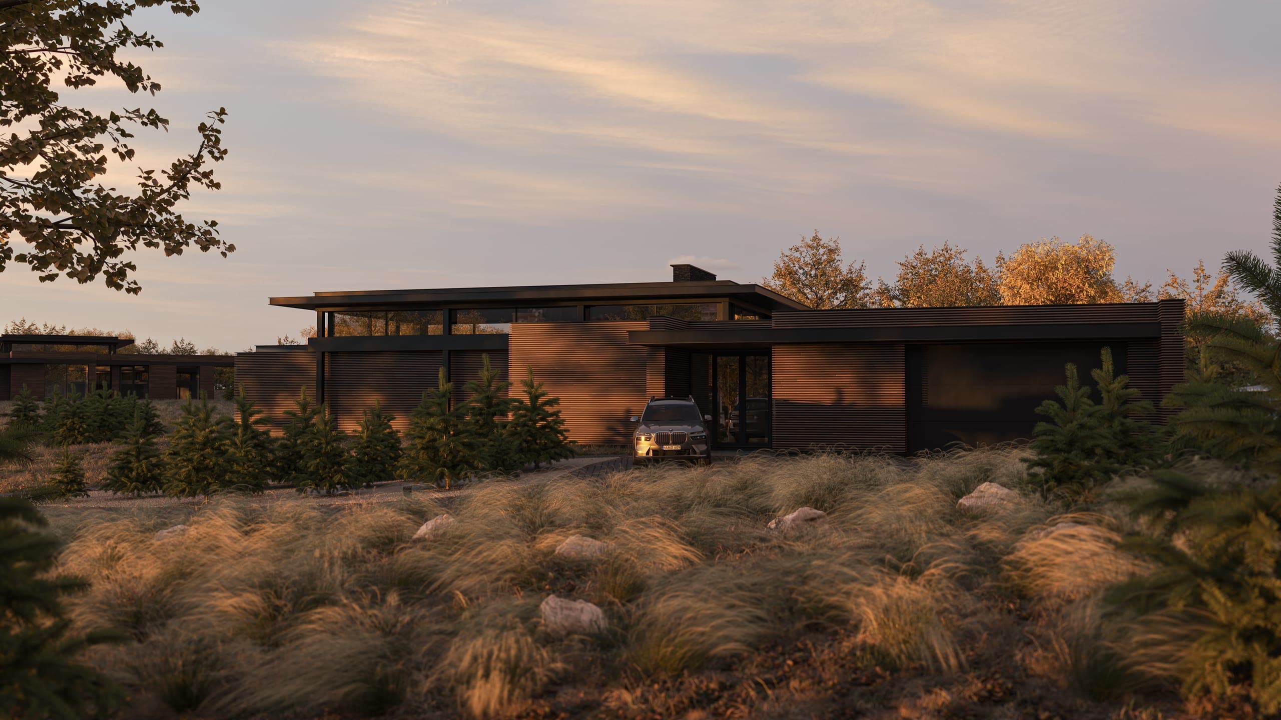 Holiday Homes on the Peninsula — render in golden light, a car parked at the entrance among grasses