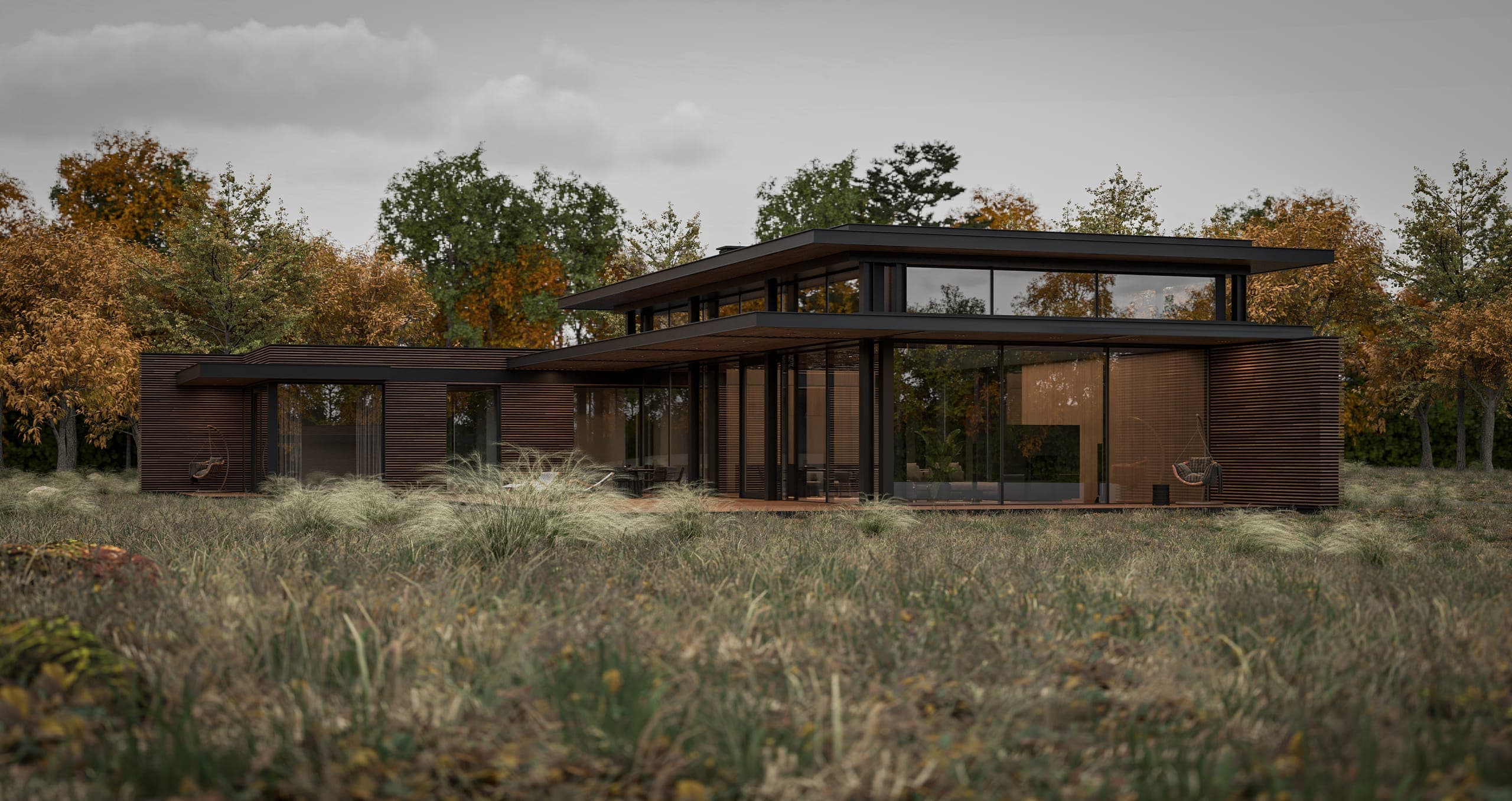 Holiday Homes on the Peninsula — render of a home across the meadow on a grey day