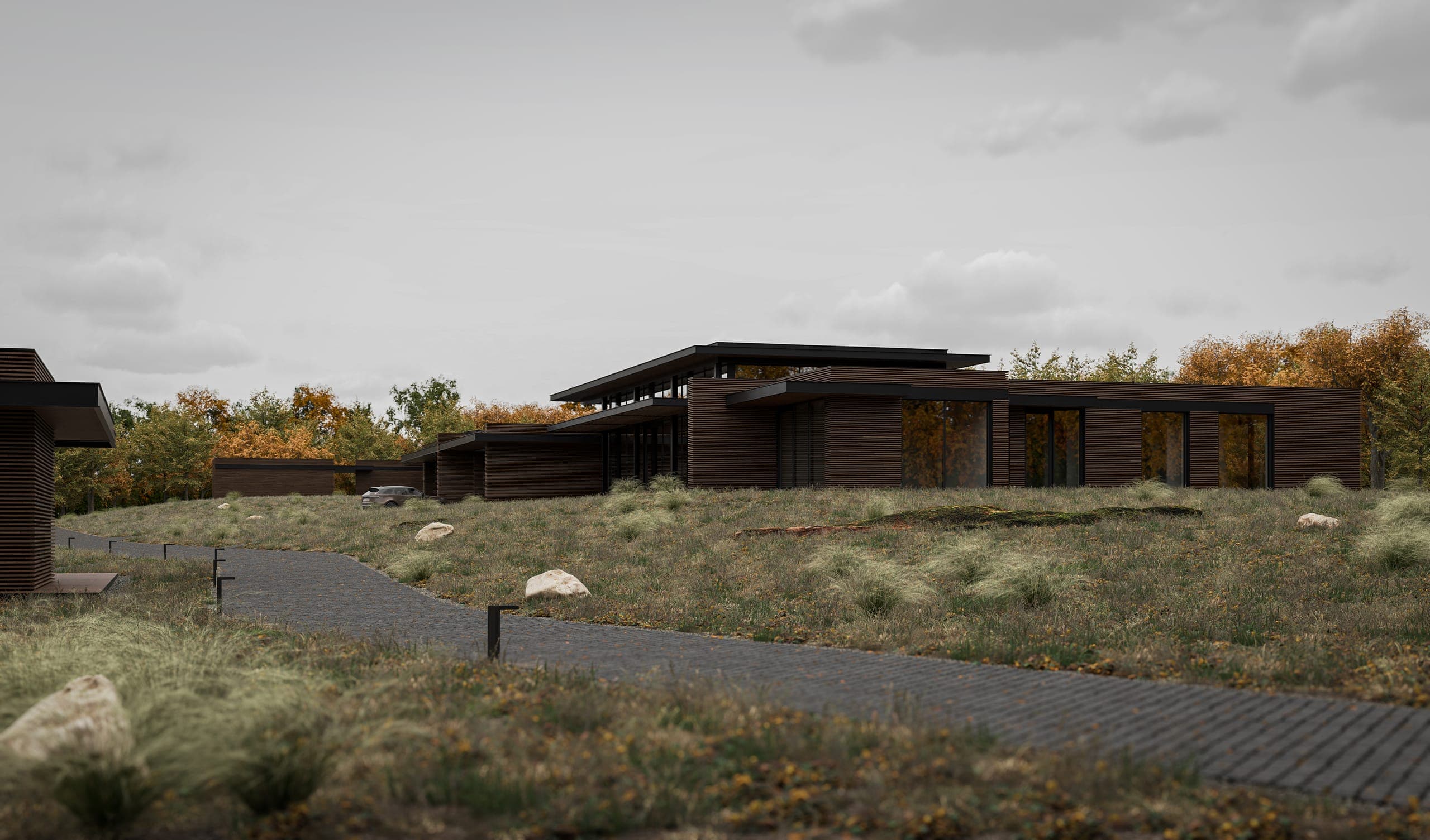 Holiday Homes on the Peninsula — render of the paved path leading through the meadow between the homes