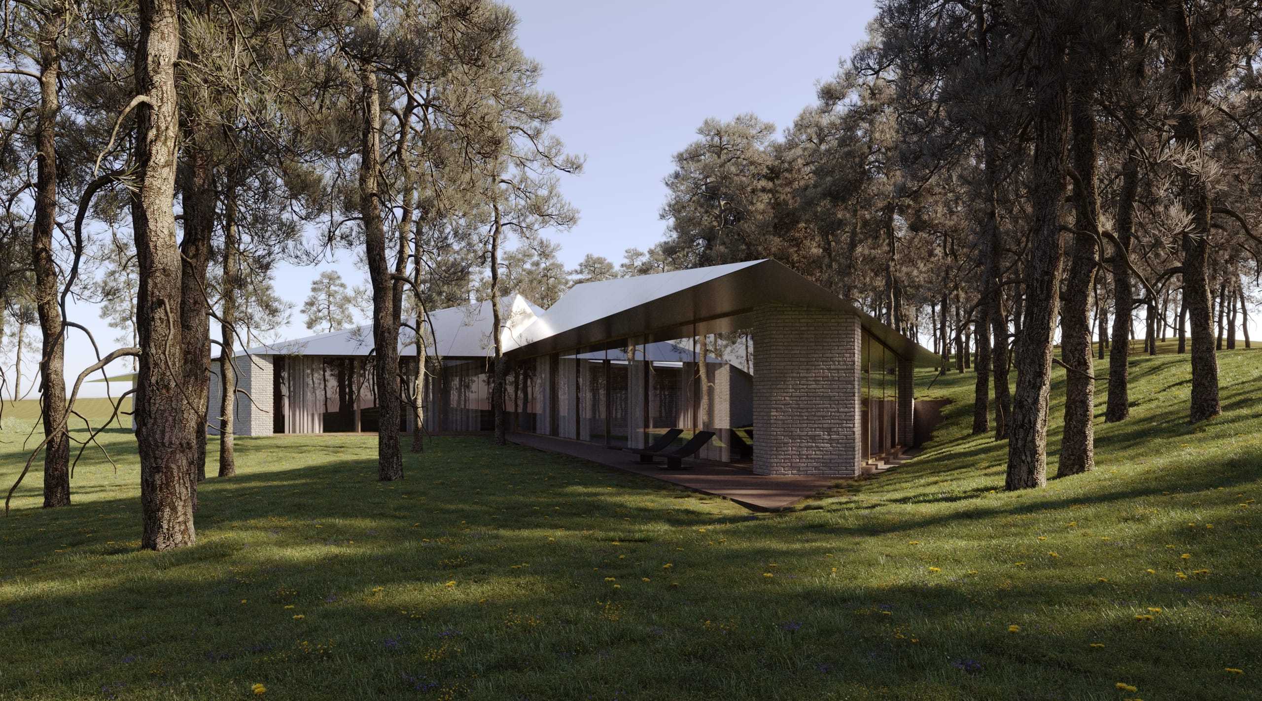 Origami House — render of the folded roof among the pines of the forest site