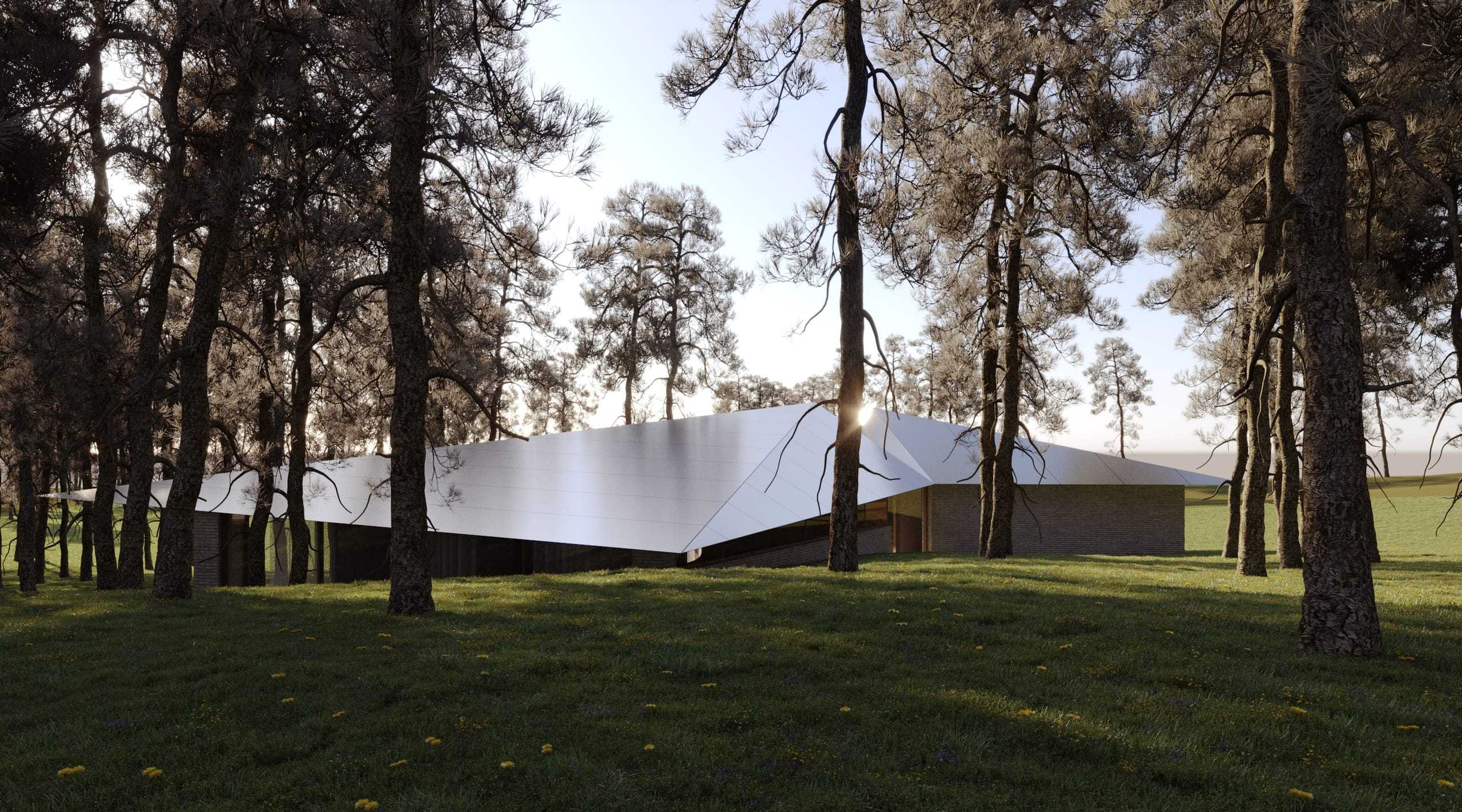 Origami House — render of the folded roof seen through pine trunks at sunset