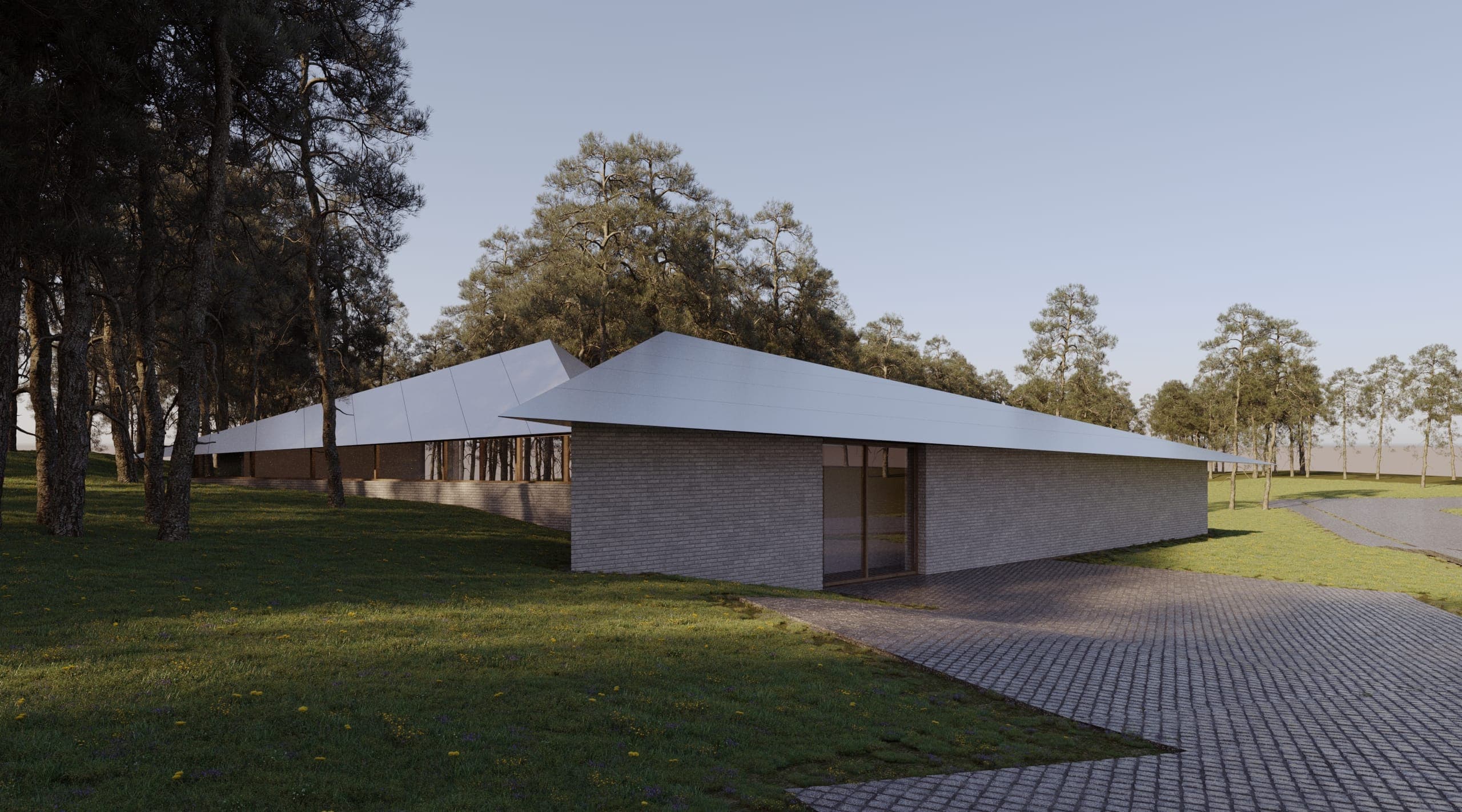 Origami House — render of the brick gable meeting the paved approach