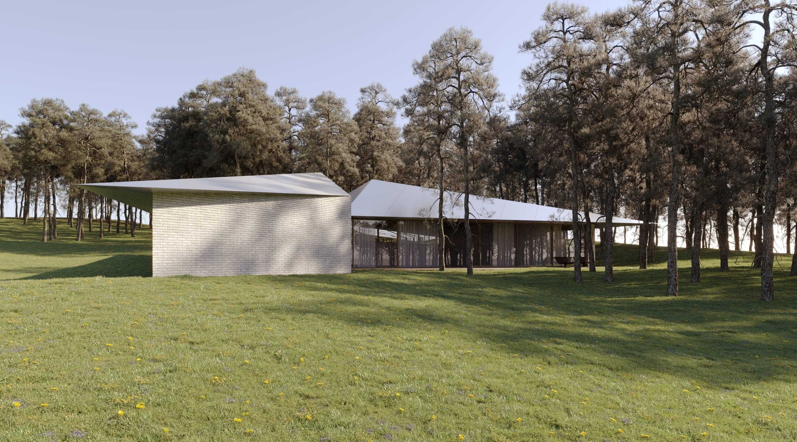 Origami House — render across the sloping meadow