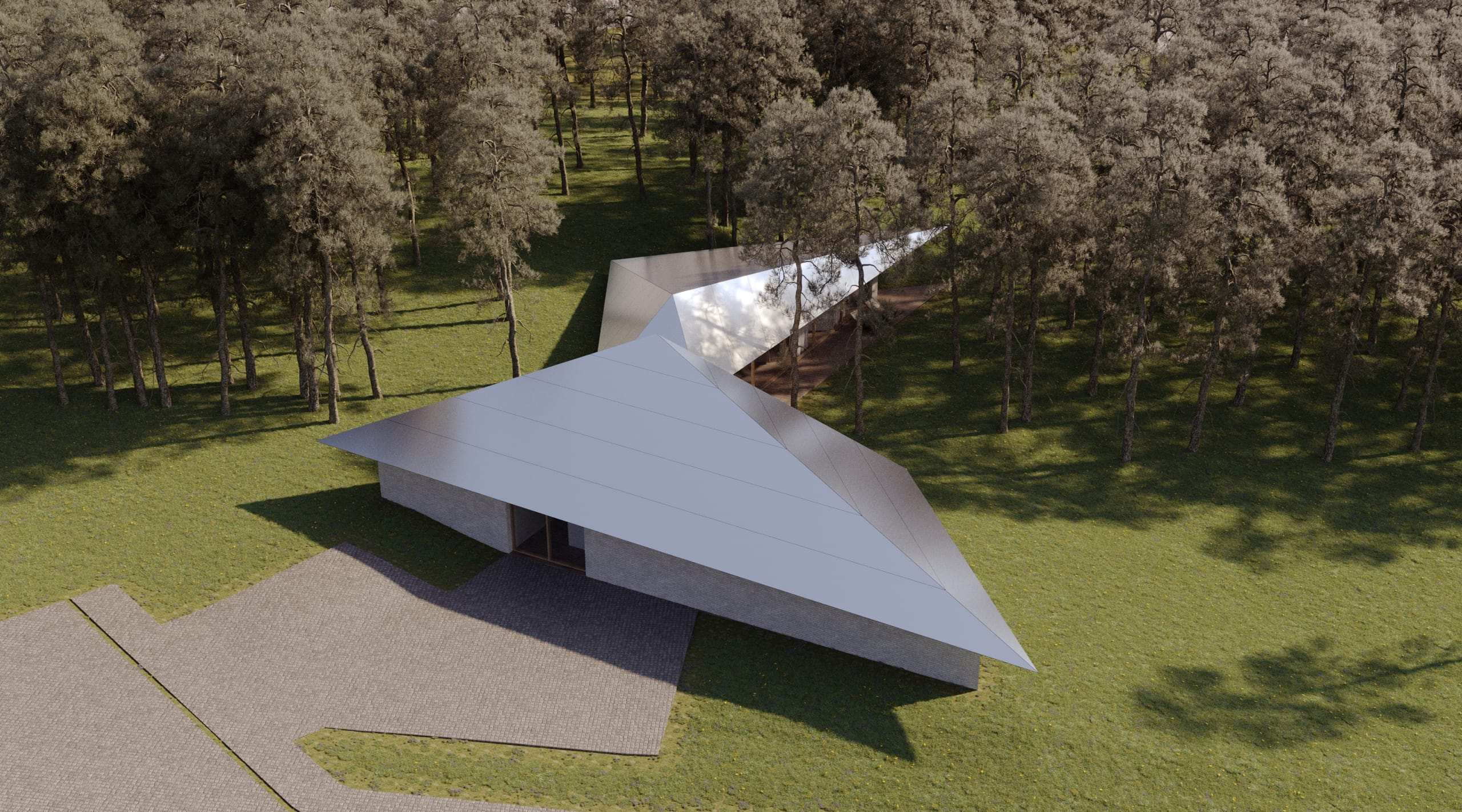 Origami House — aerial render of the folded roof planes