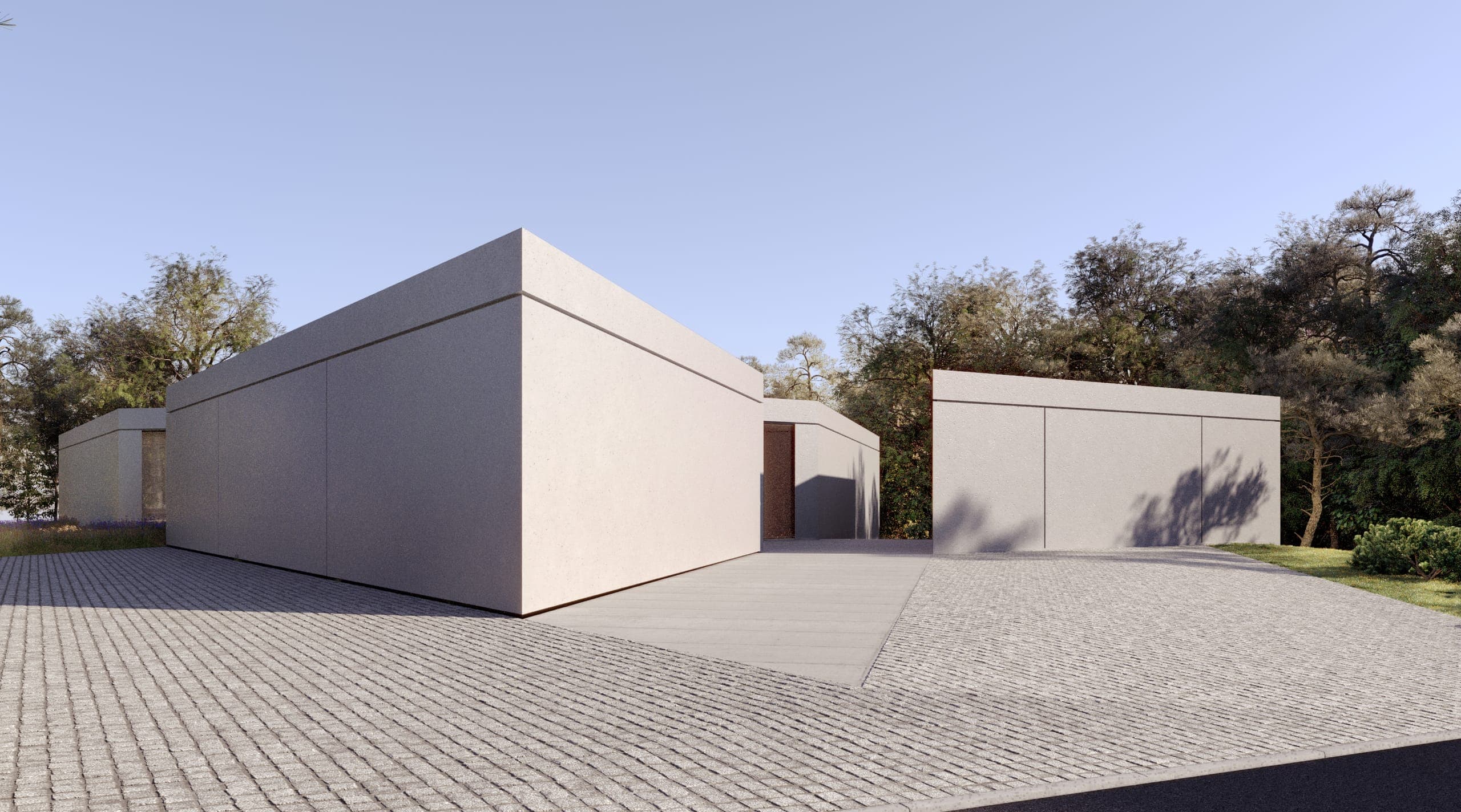 Peninsula House — render of the approach across paving towards its blank white walls