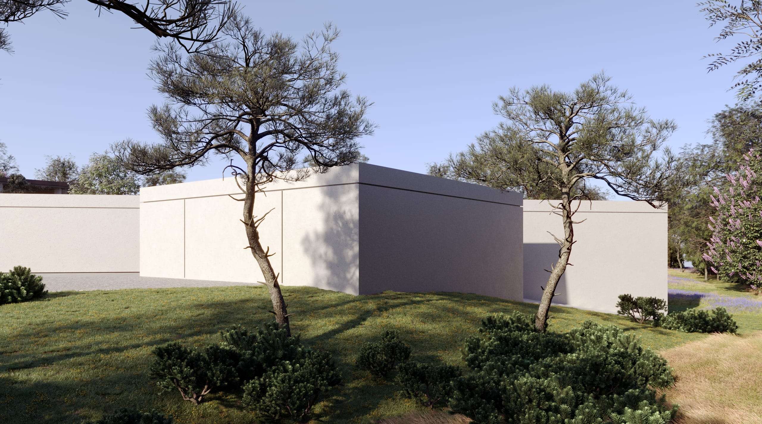 Peninsula House — render of its white walls seen through pines from the garden