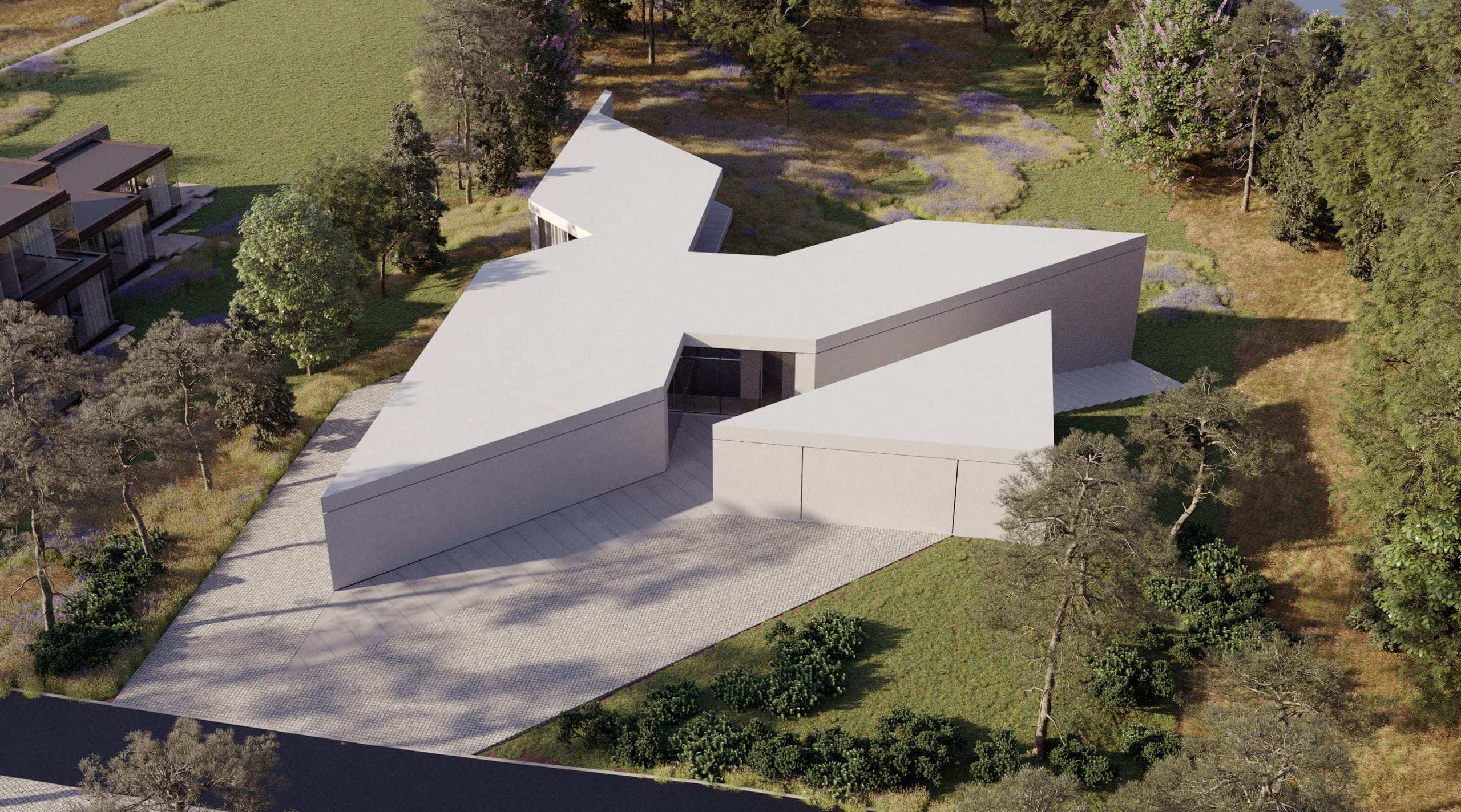 Peninsula House — aerial render showing its folded plan and drive