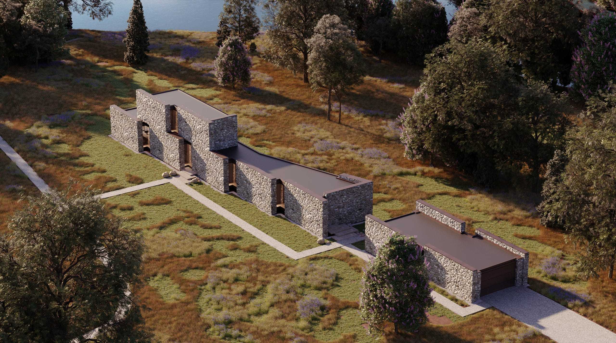 Peninsula Stone House — aerial render with its outbuilding on the peninsula