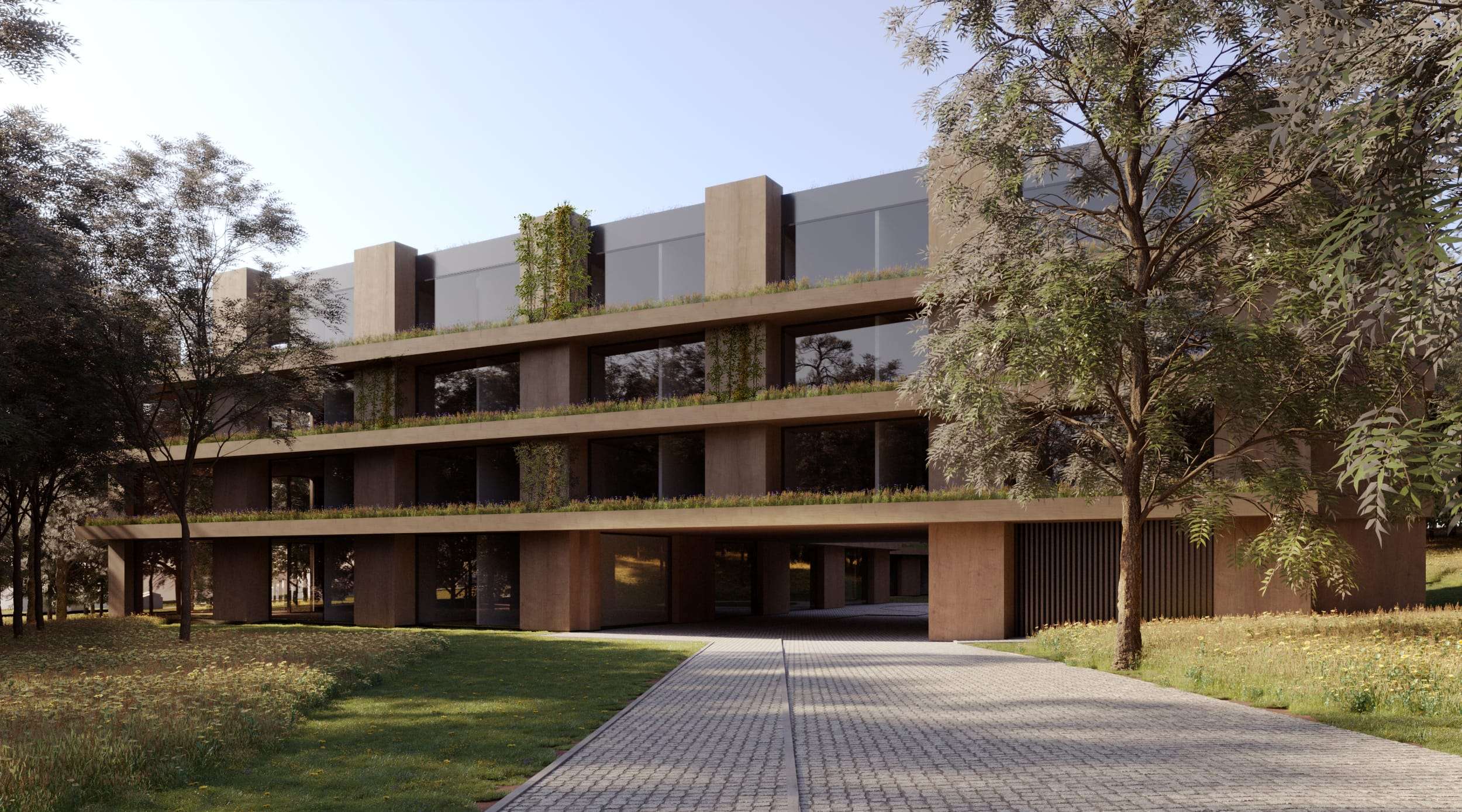 Woodland Senior Living — render of the main elevation, planted terraces above a paved approach