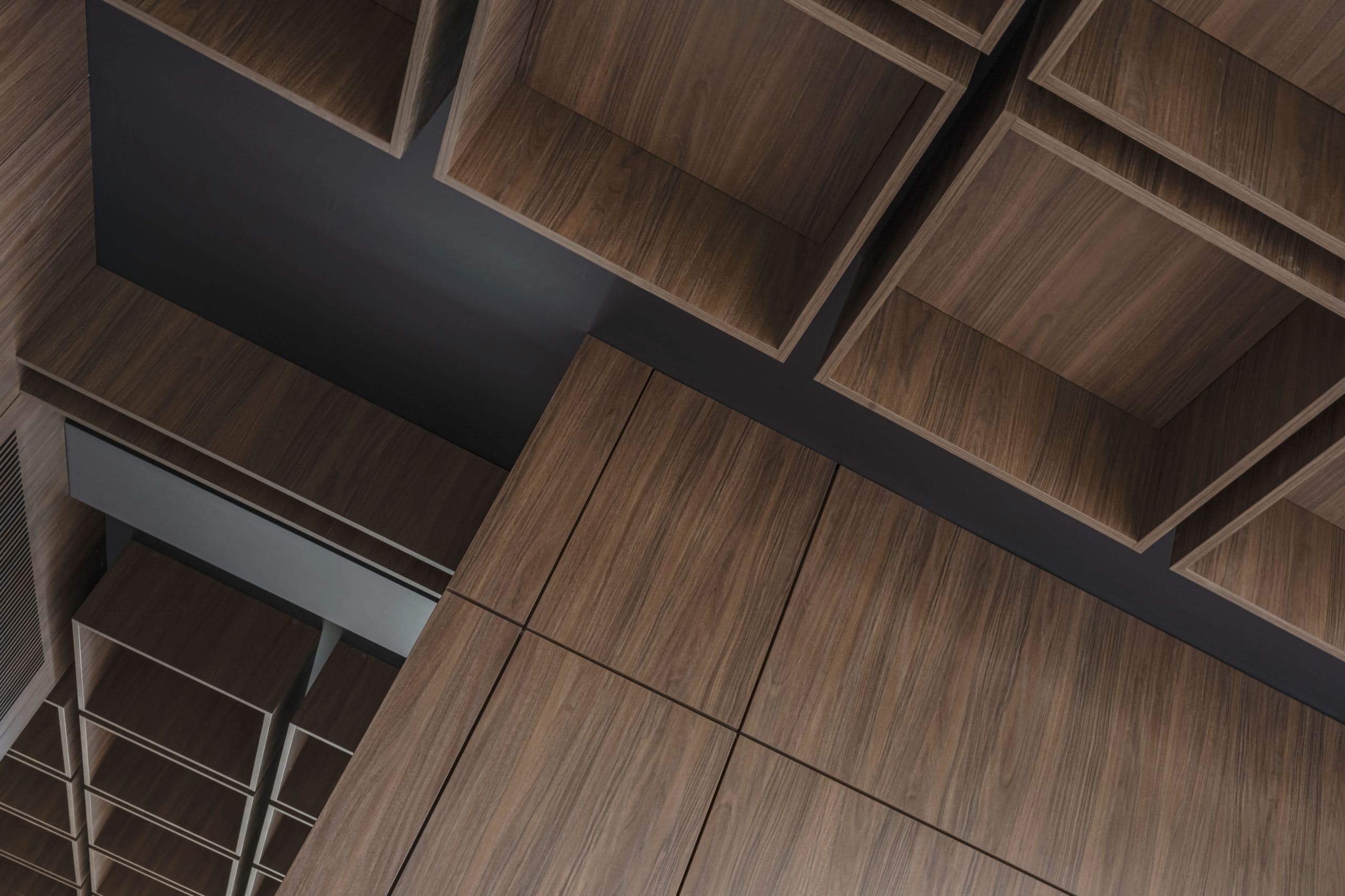 Bespoke Office Interior — detail of the walnut coffered ceiling grid