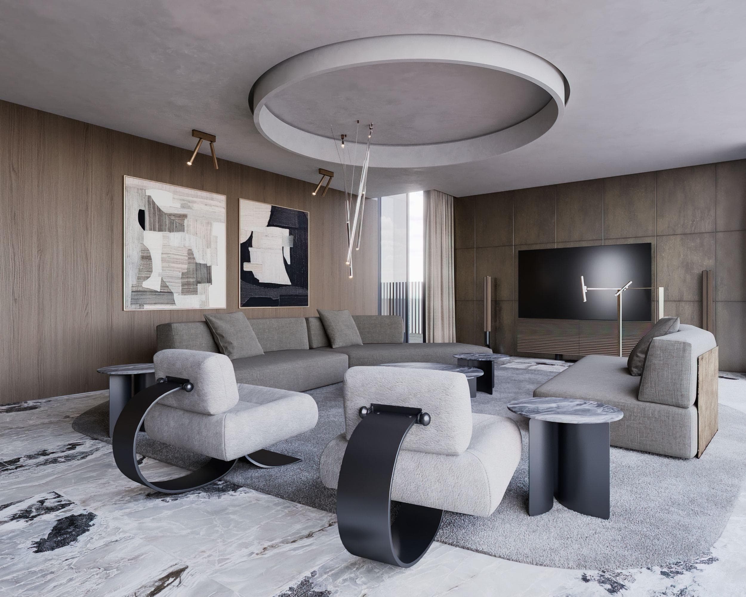 IN JAN House Interior — curved sofas and armchairs beneath a circular ceiling recess