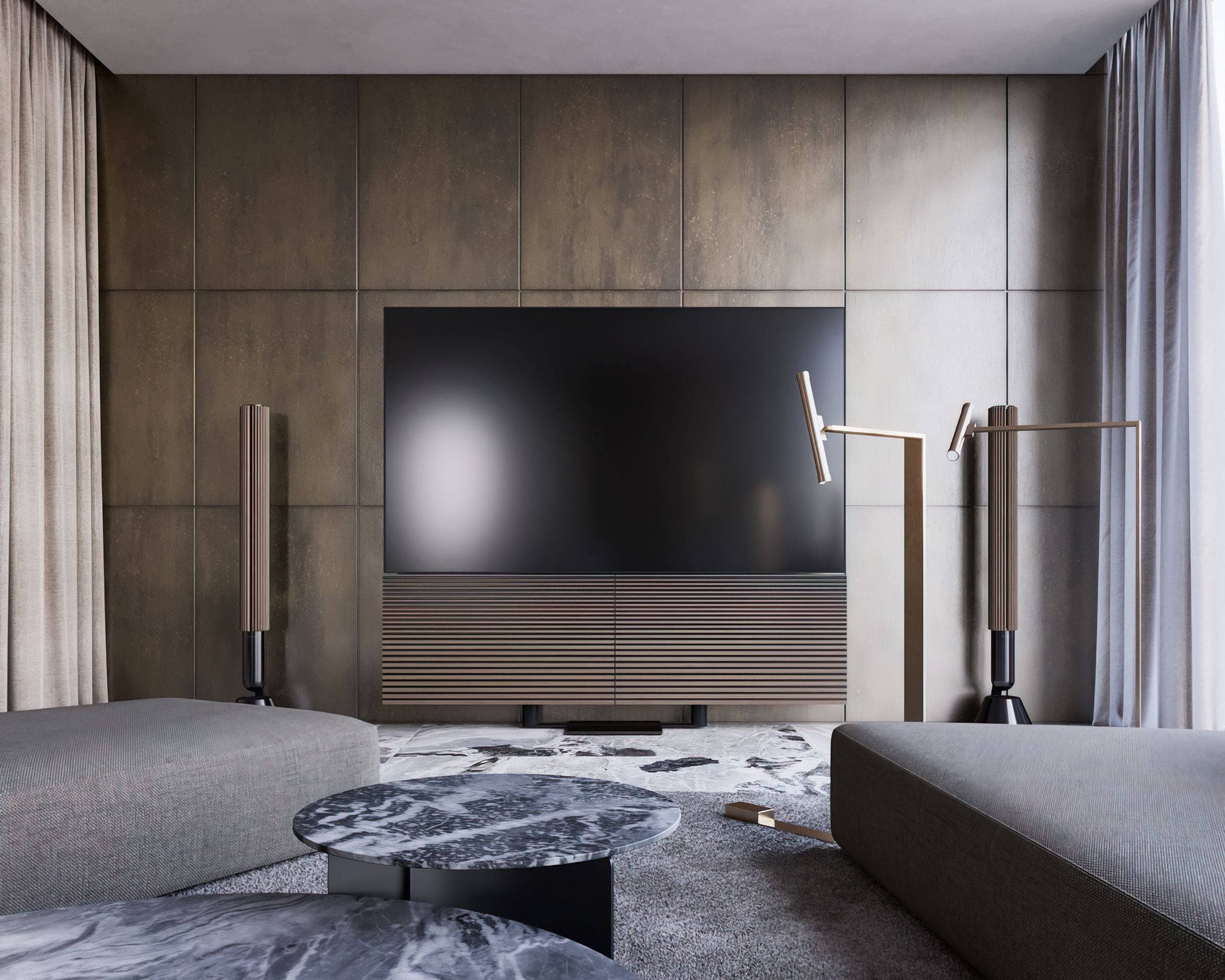 IN JAN House Interior — sofa and console beneath a wall-mounted television