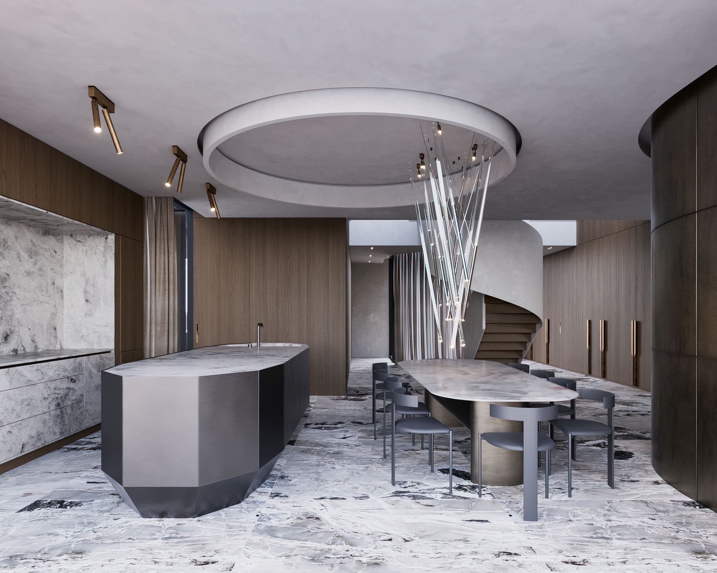 IN JAN House Interior — curved kitchen island and dining table beneath a circular ceiling recess