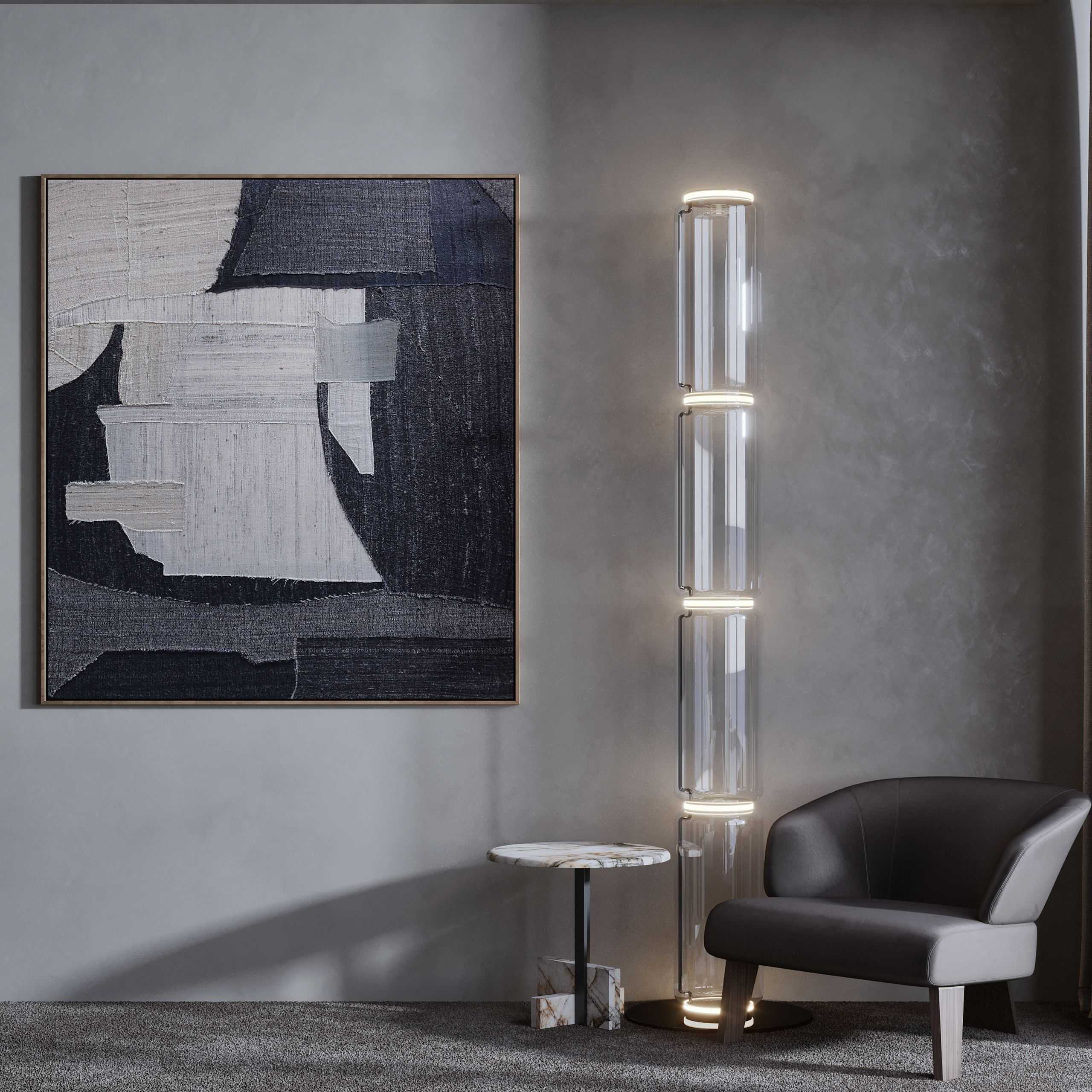IN JAN House Interior — armchair beside a floor lamp and framed artwork