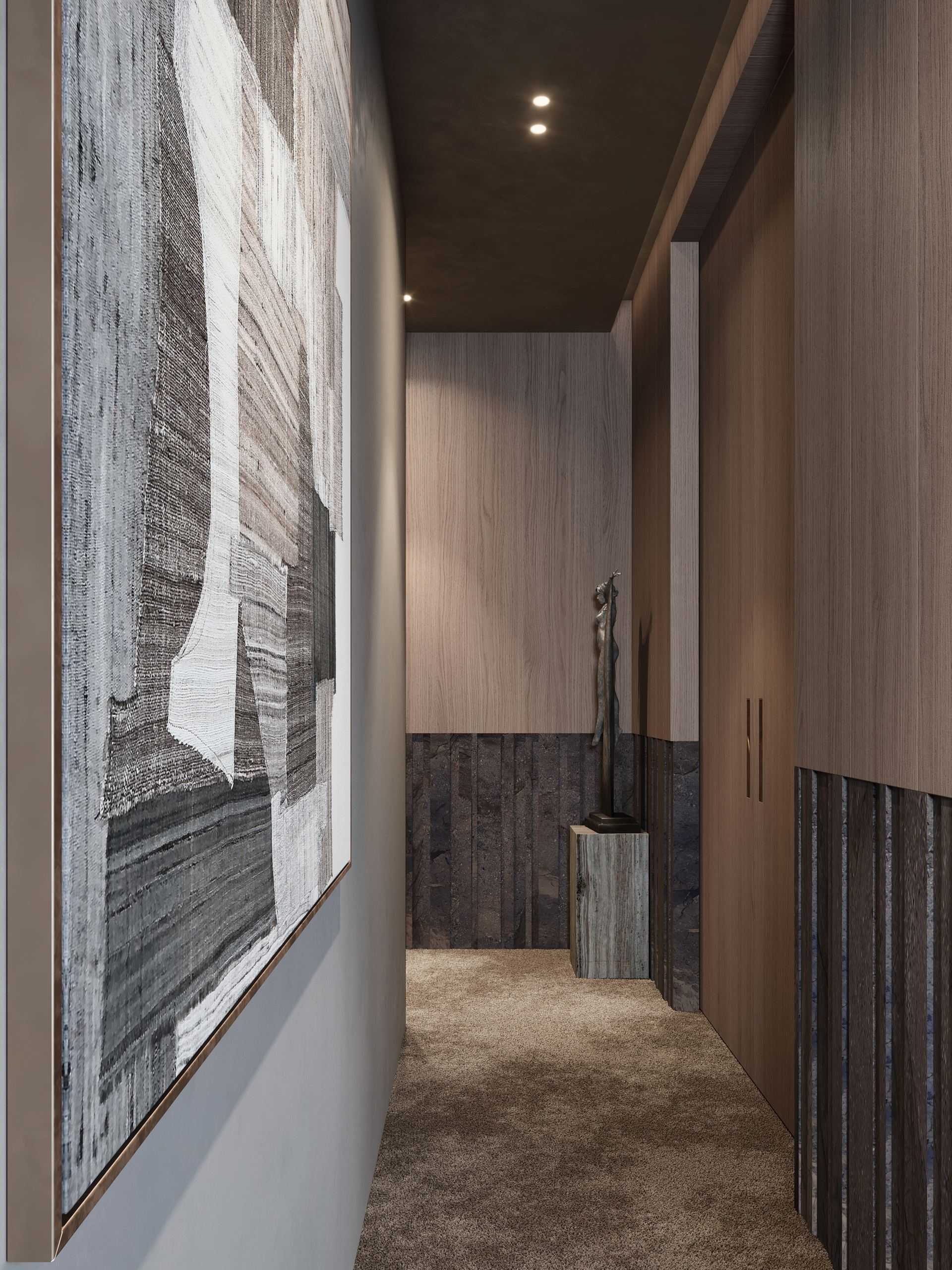 IN JAN House Interior — hallway lined with framed artwork and a sculptural bench