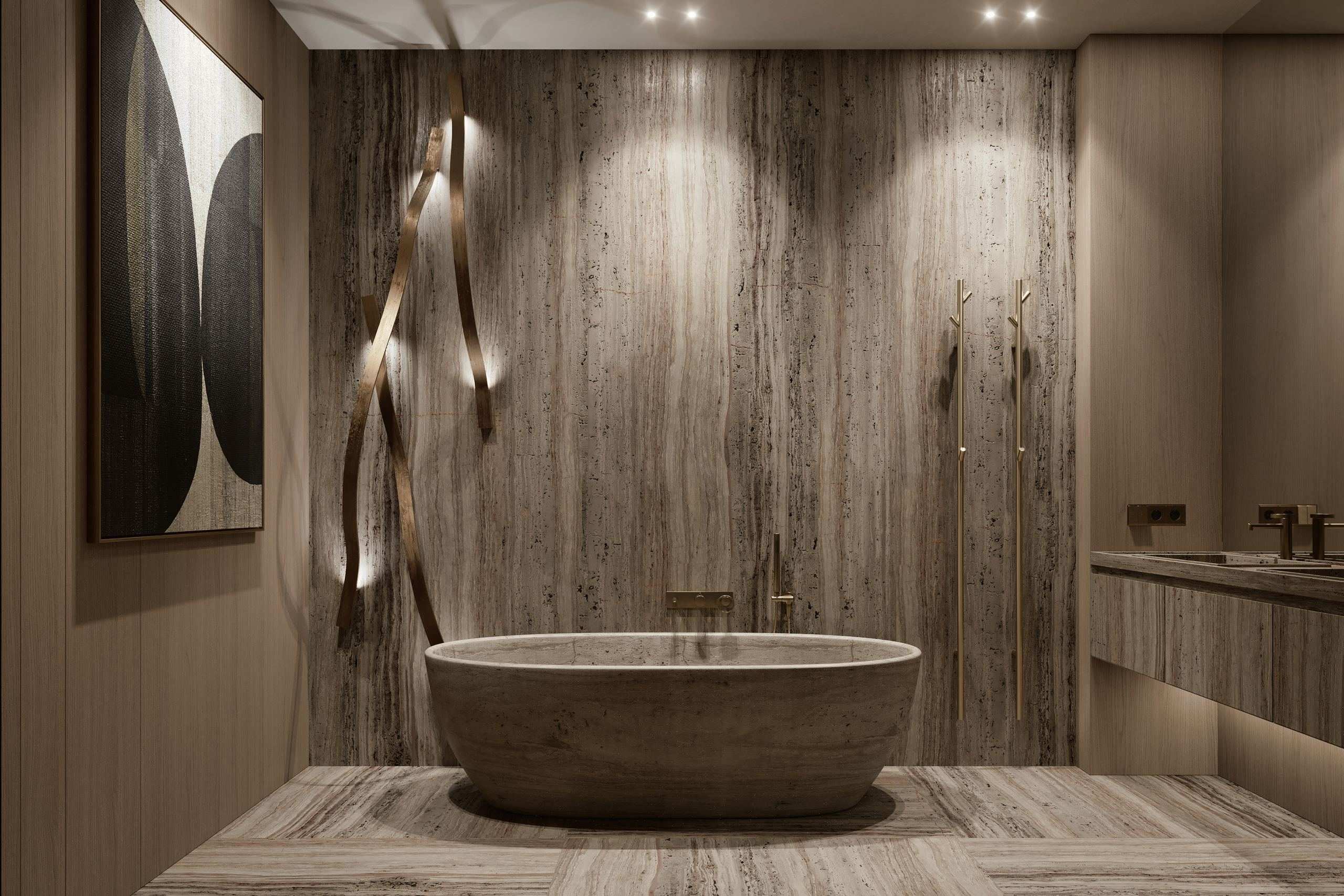 IN JAN House Interior — freestanding stone bathtub beneath a ribbed timber and stone wall
