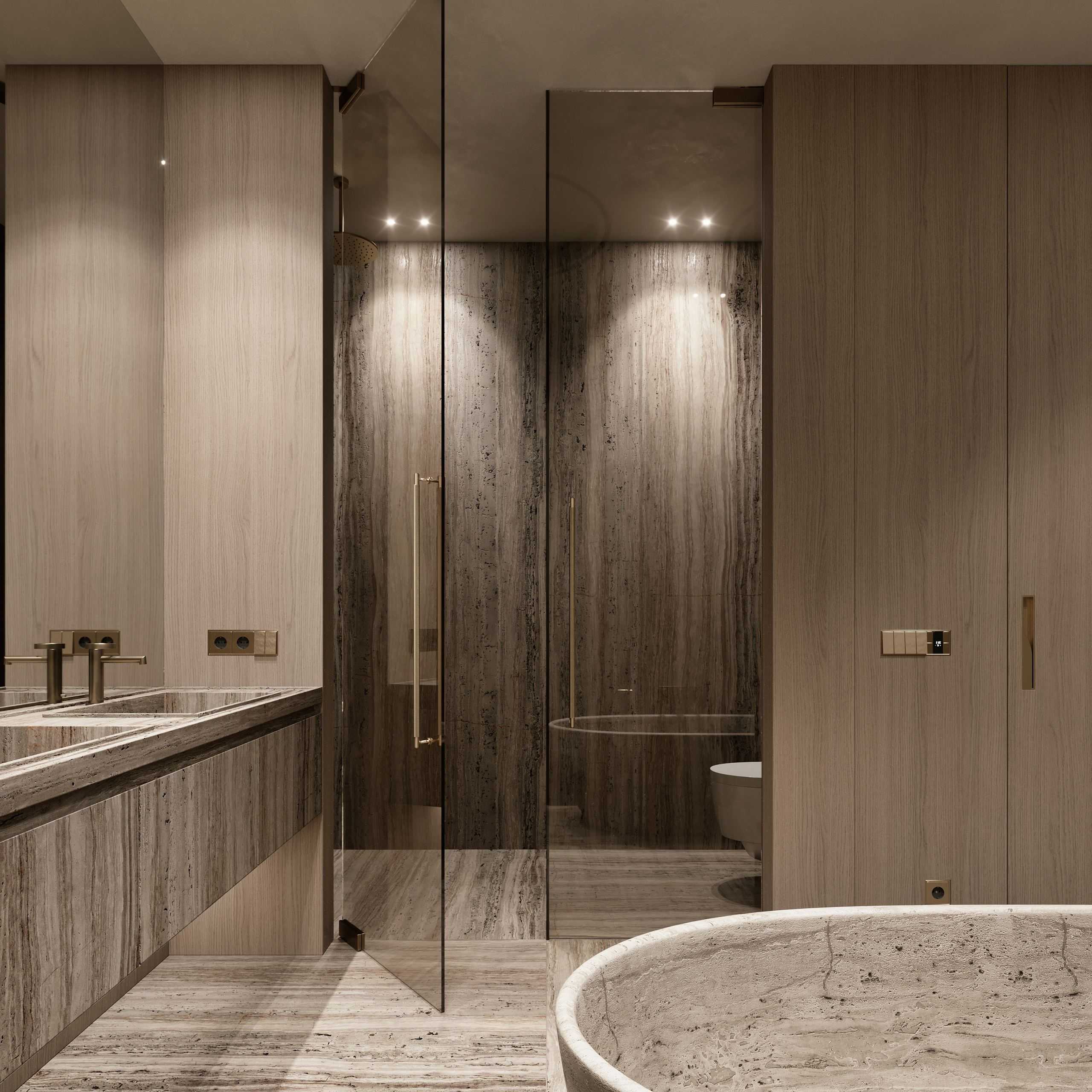 IN JAN House Interior — glass shower and marble vanity beside a freestanding tub