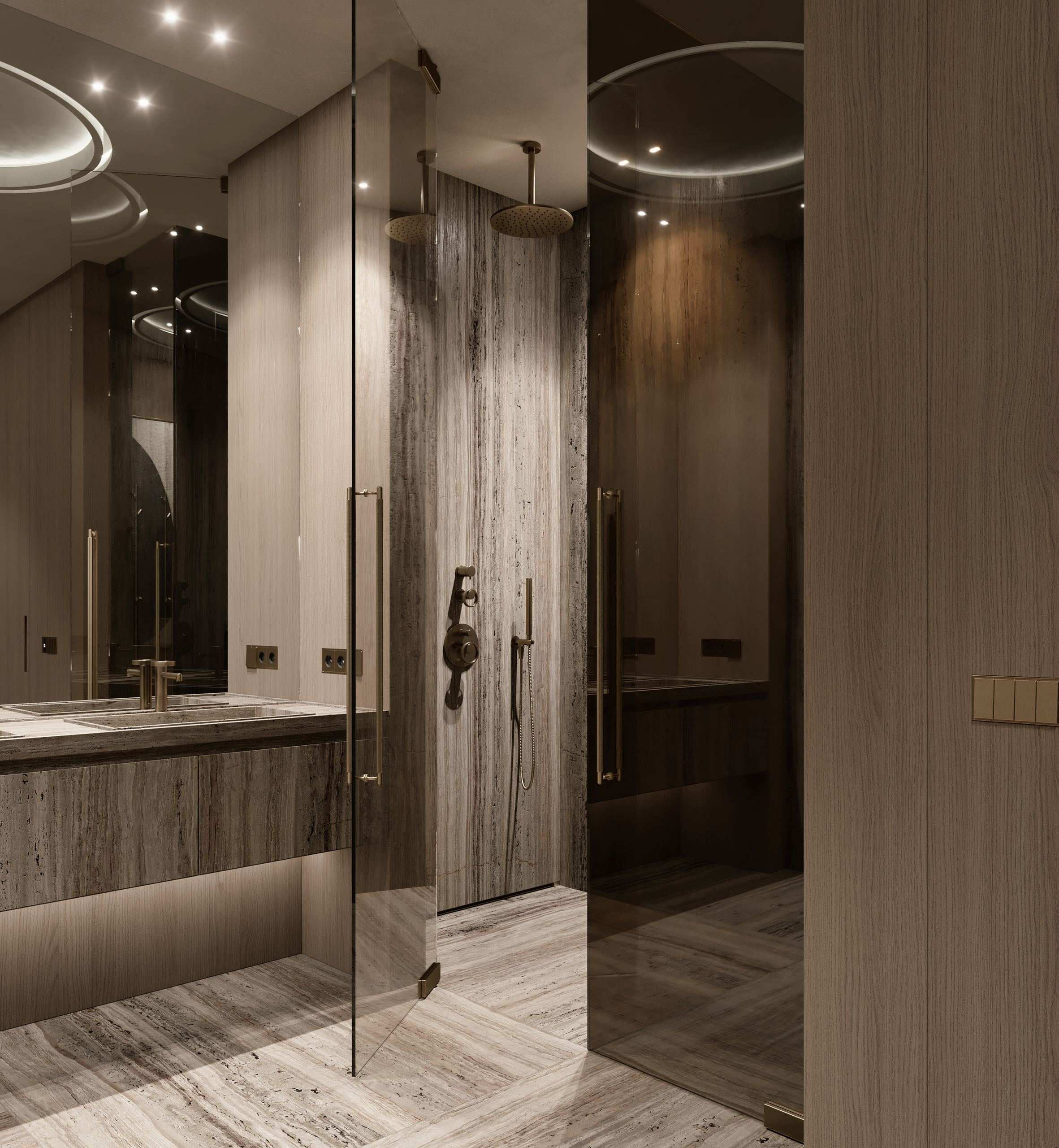 IN JAN House Interior — mirrored glass doors reflecting a marble vanity and shower