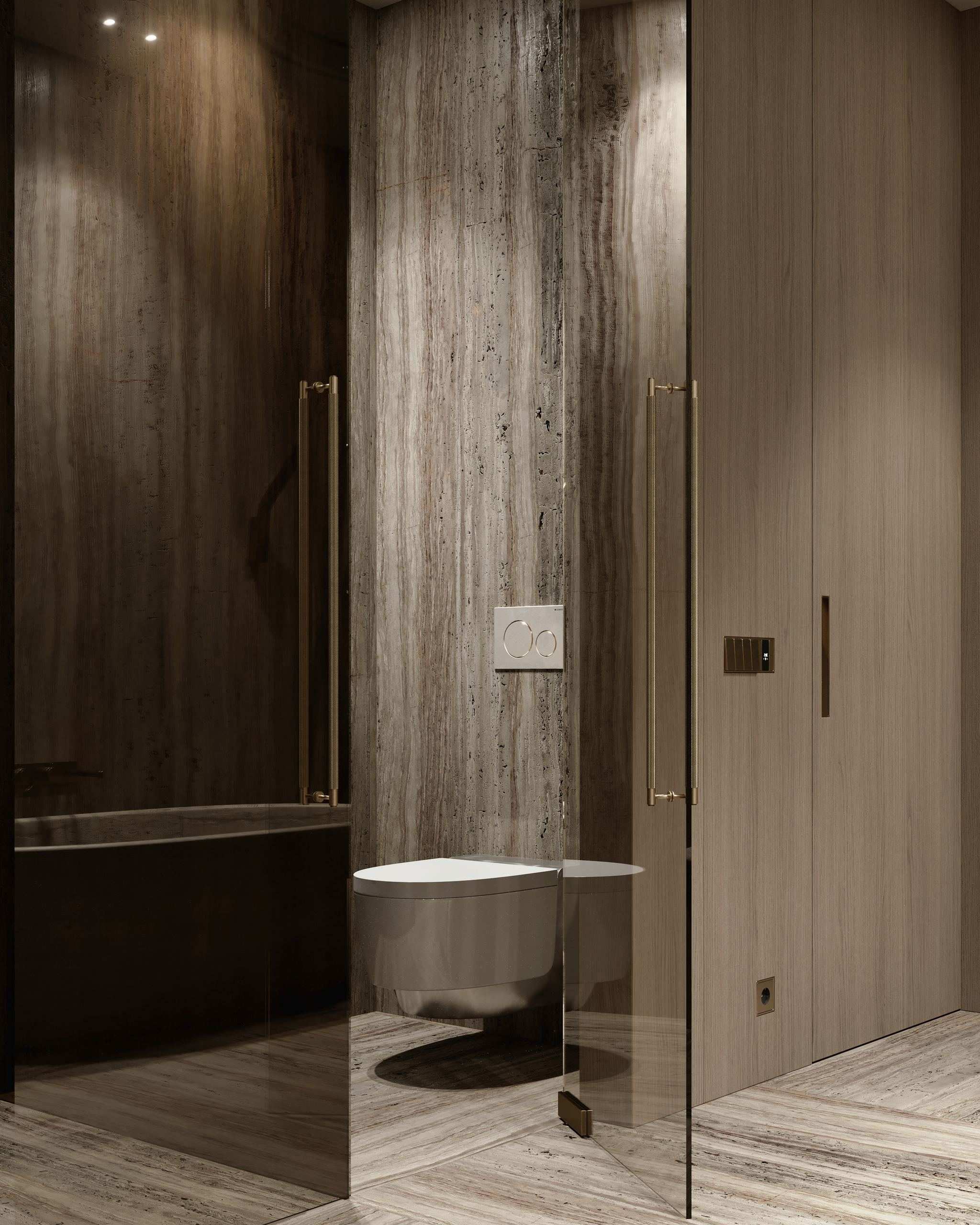 IN JAN House Interior — stone vanity and bathtub beside a glass shower enclosure