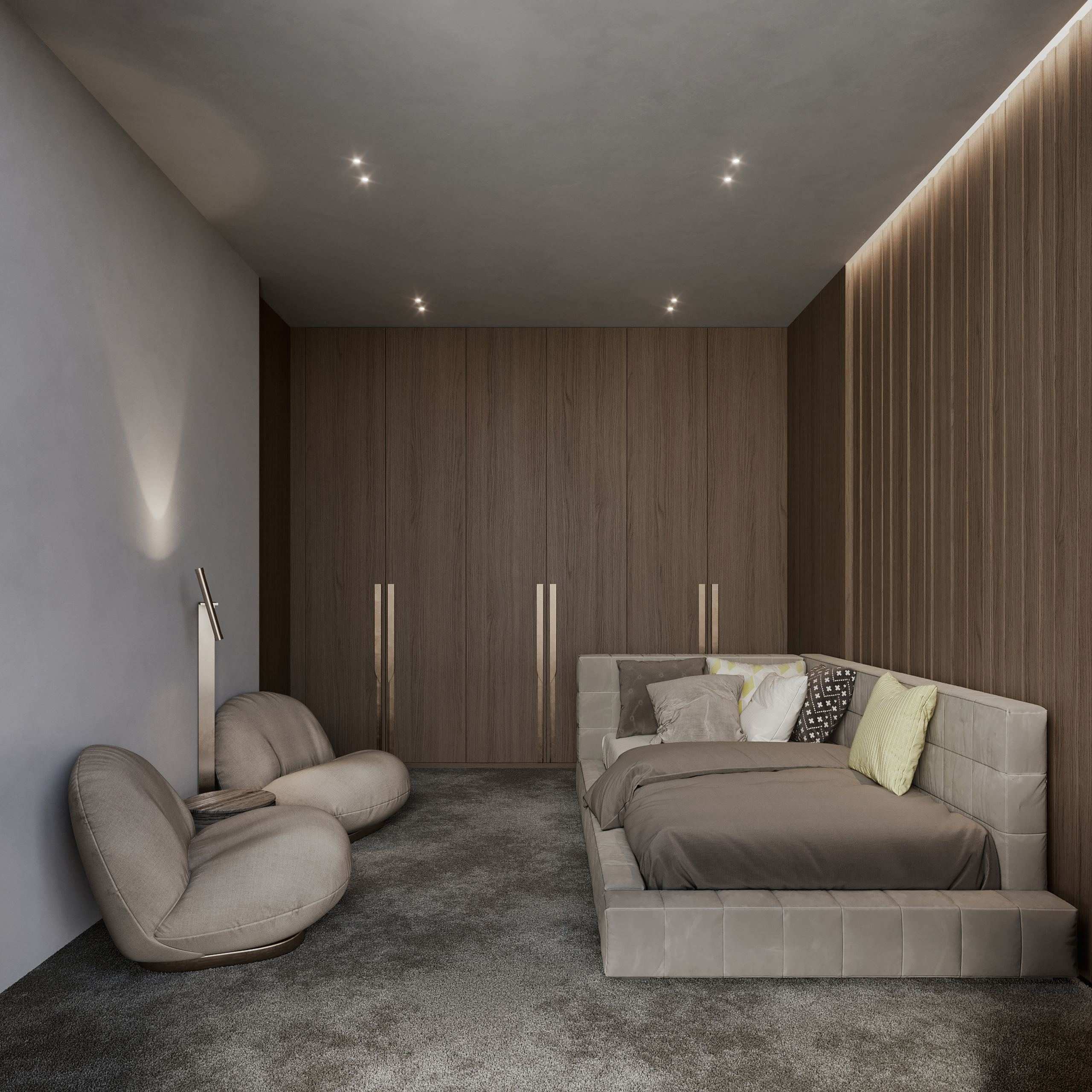 IN JAN House Interior — bed and armchairs beneath a timber-panelled wall