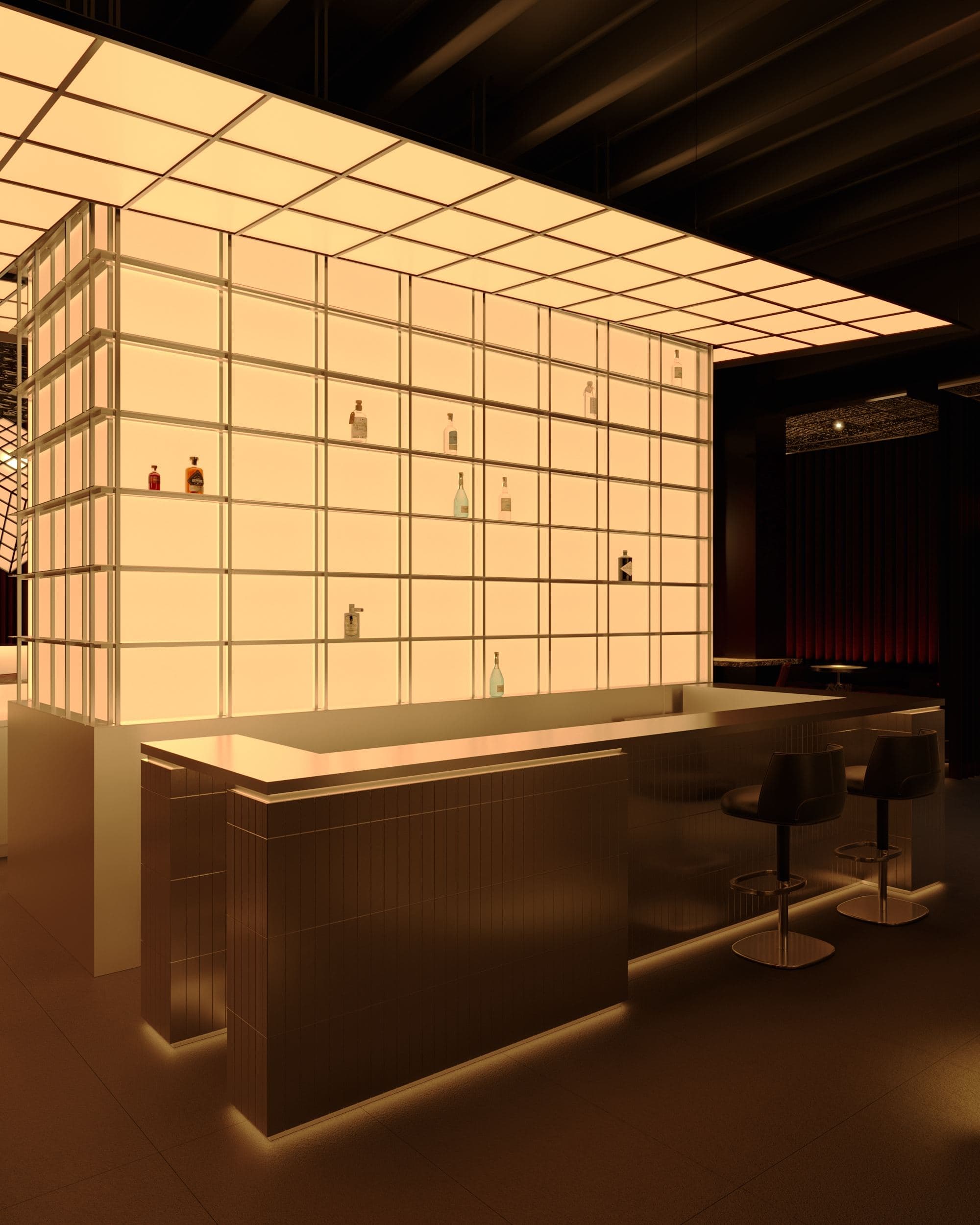 MADA Cocktail Bar — illuminated lattice canopy above the marble-clad bar counter