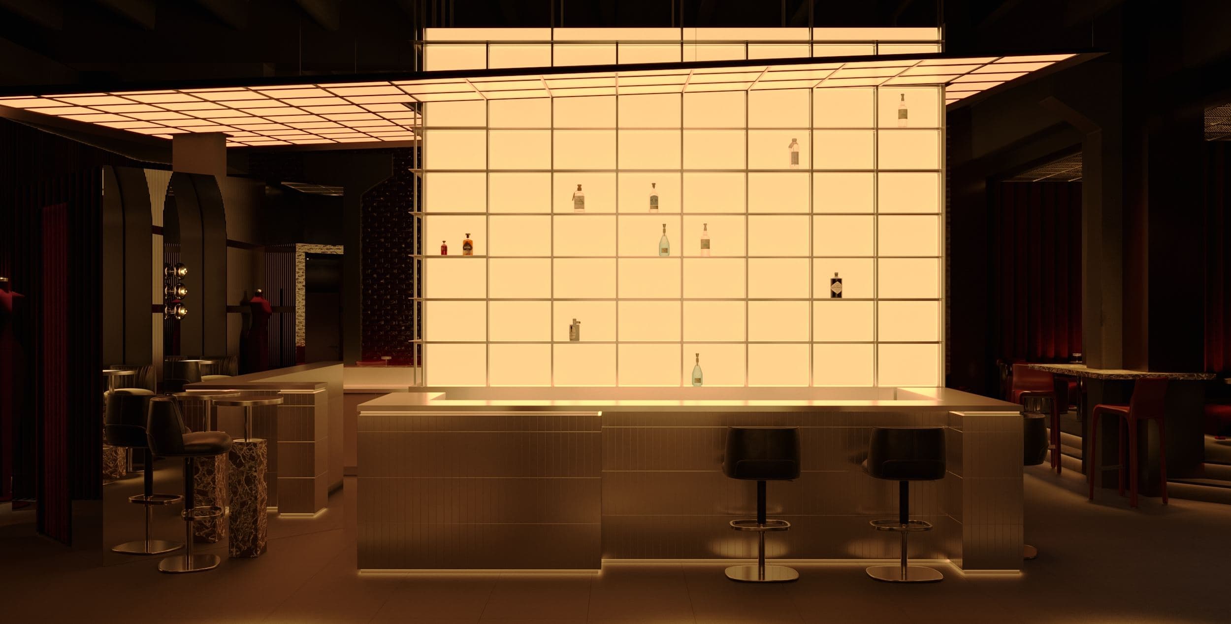 MADA Cocktail Bar — bar counter beneath the glowing grid ceiling
