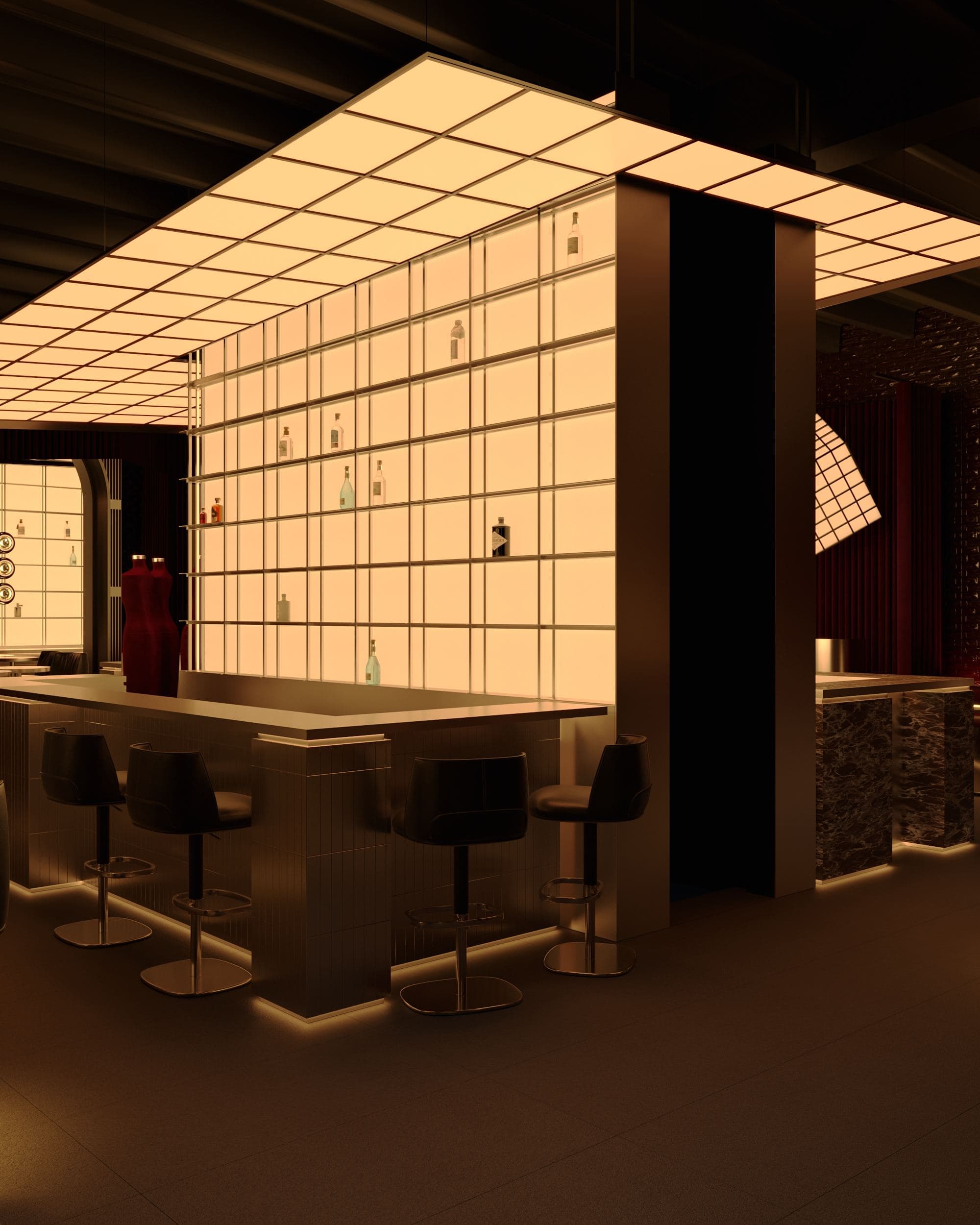 MADA Cocktail Bar — lattice canopy and bar counter seen past a column