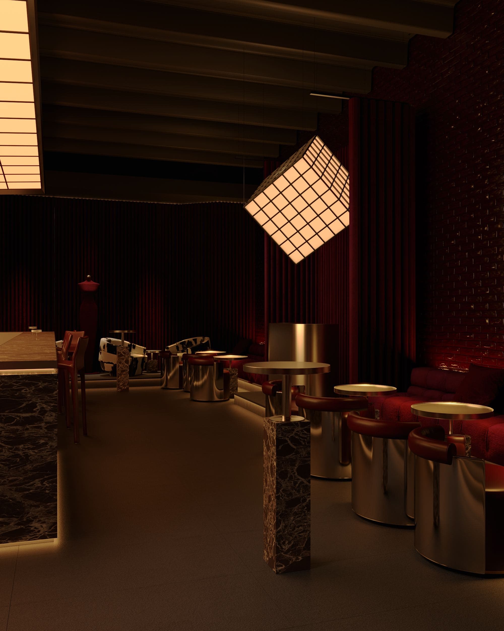 MADA Cocktail Bar — cube pendant light above stools beside a red curtained booth