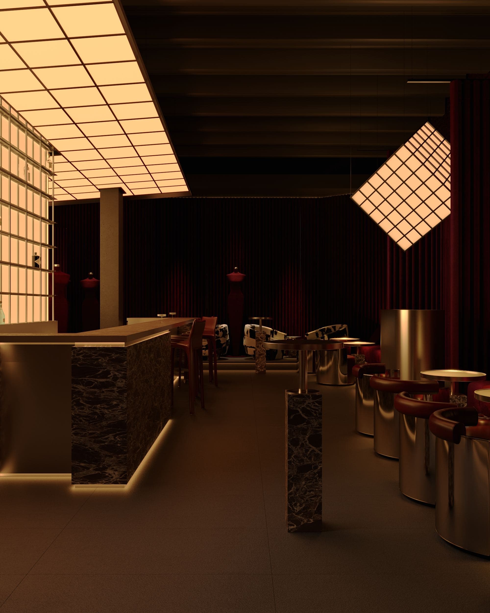 MADA Cocktail Bar — bar stools beneath the lattice canopy and a hanging cube light