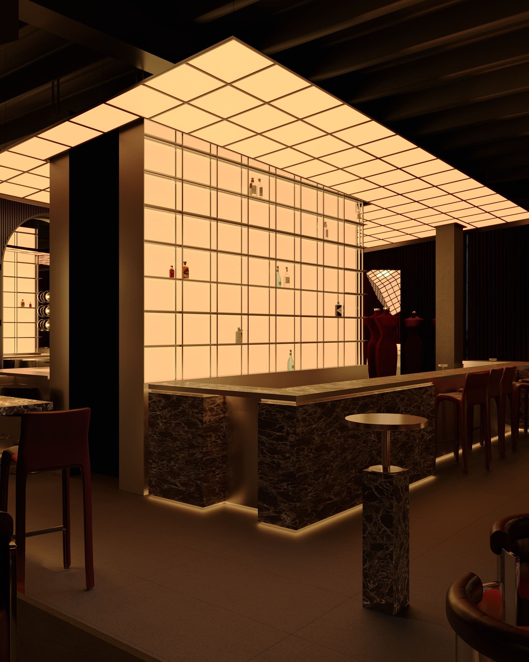 MADA Cocktail Bar — bar counter and stools beneath the illuminated grid