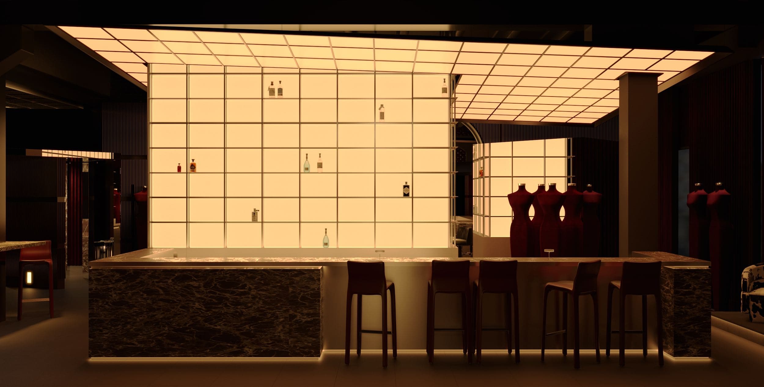 MADA Cocktail Bar — marble-clad bar counter beneath the lattice canopy
