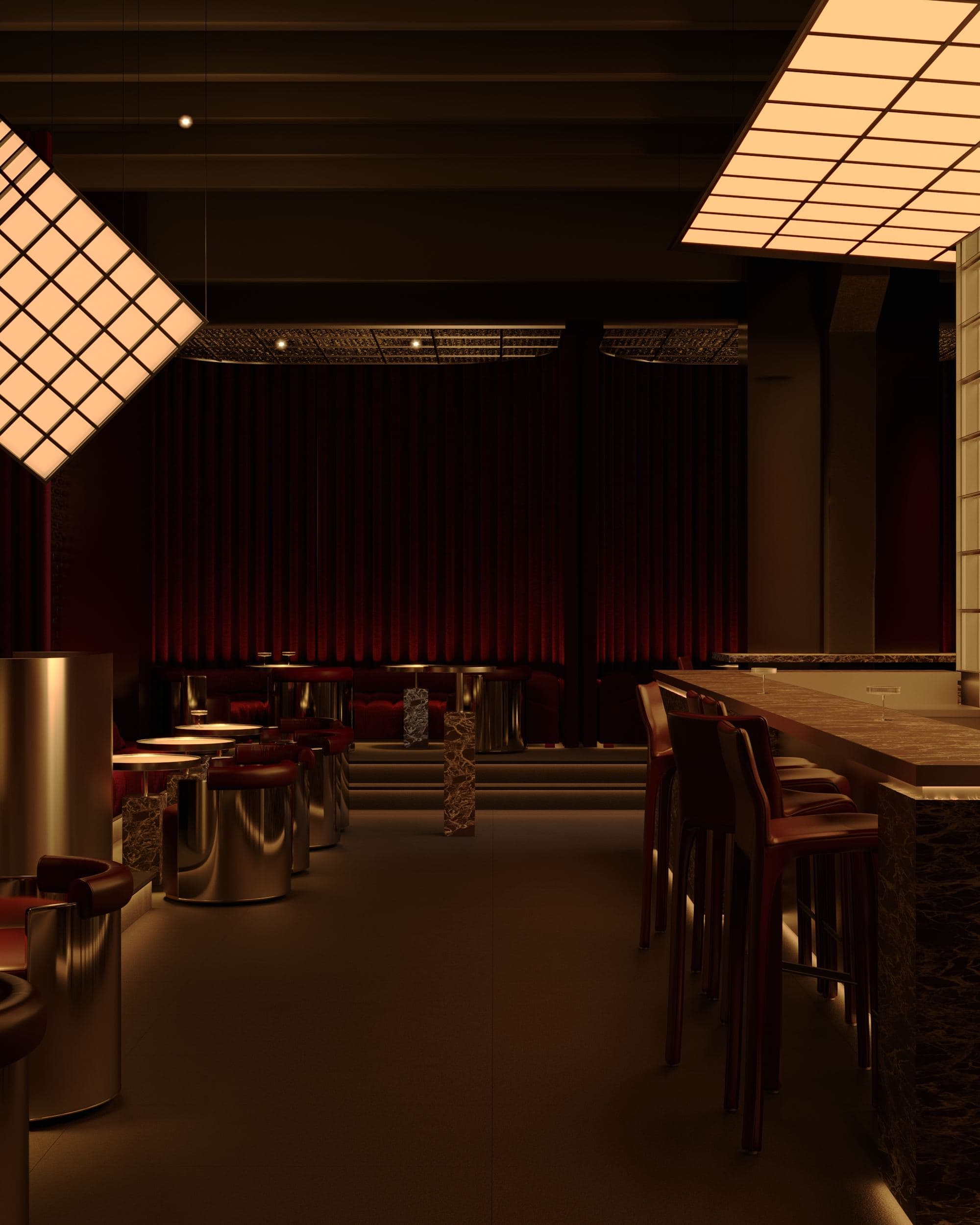 MADA Cocktail Bar — bar stools facing red curtained booths beneath a beamed ceiling