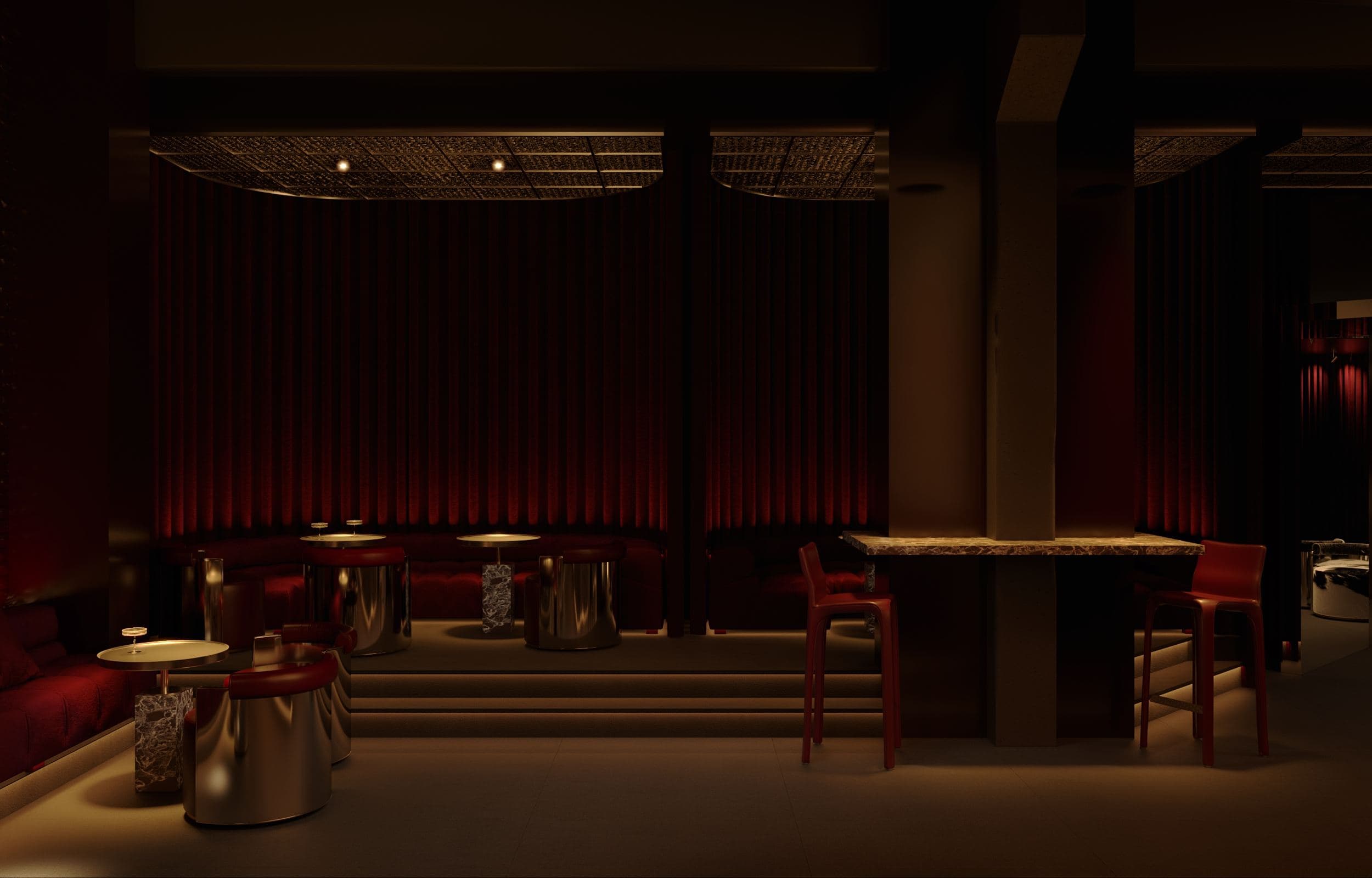MADA Cocktail Bar — round tables and stools beneath the beamed ceiling and column lights