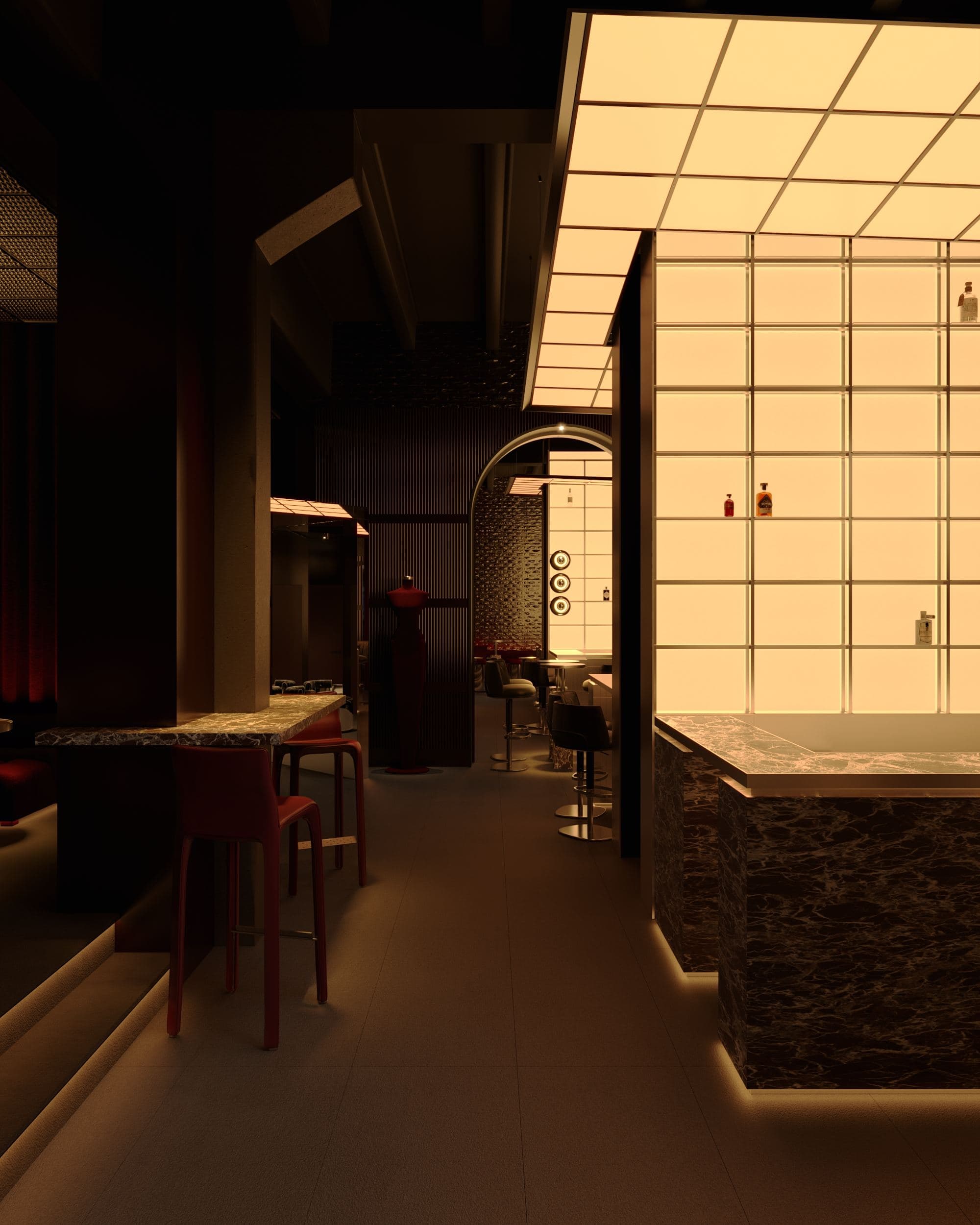 MADA Cocktail Bar — bar counter and stools seen through an arched opening