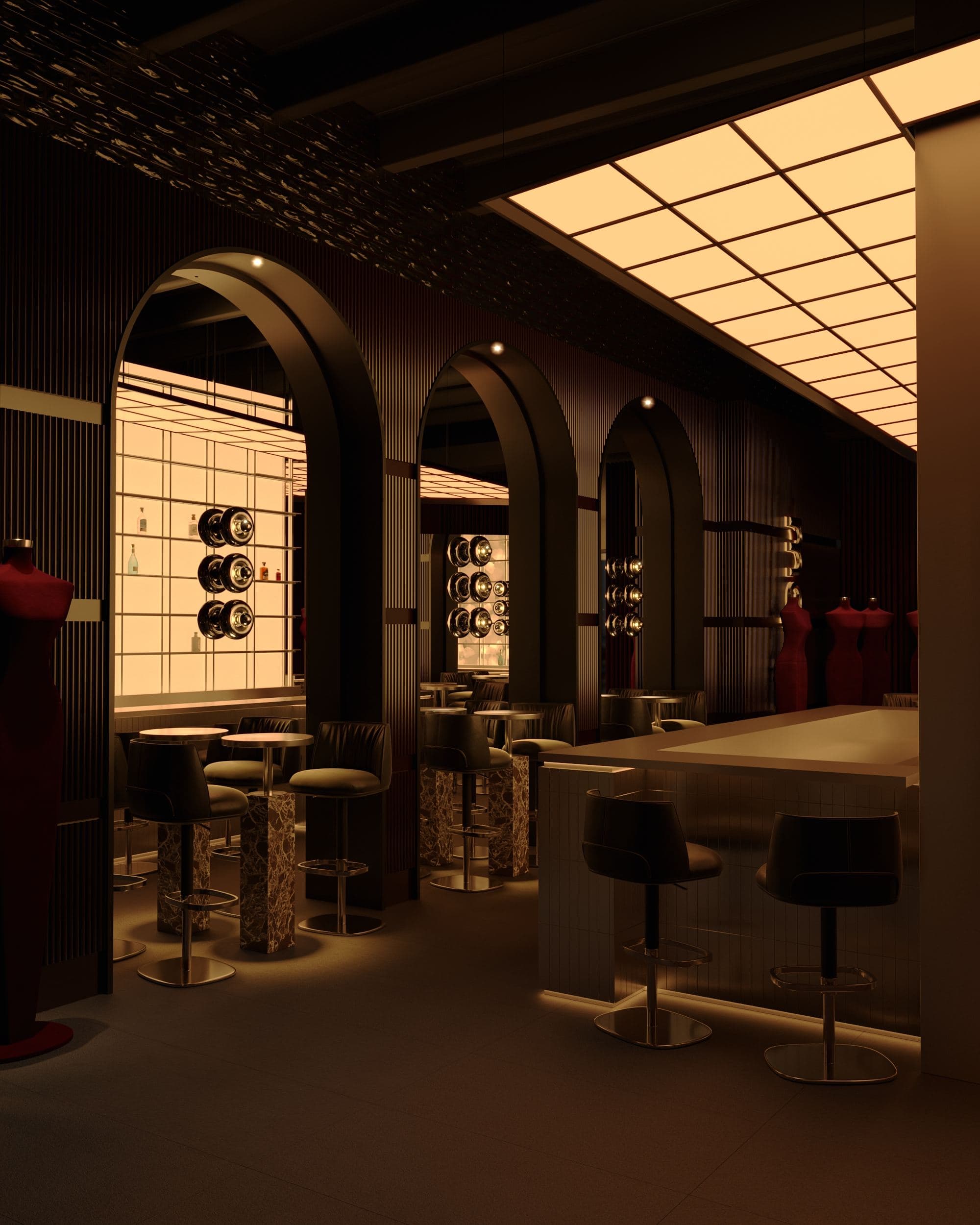 MADA Cocktail Bar — arched mirrors and shelving beside the illuminated bar
