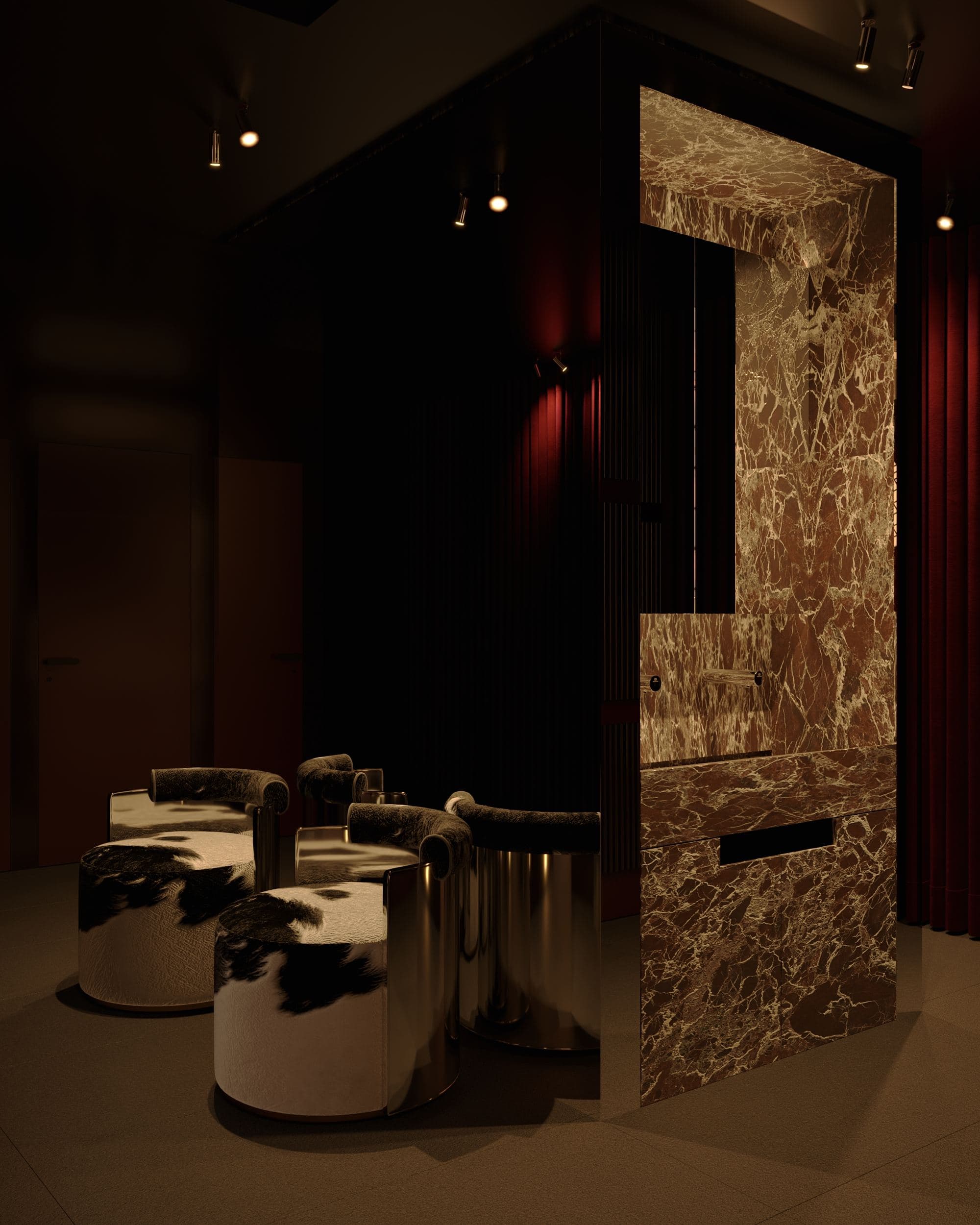 MADA Cocktail Bar — marble-clad booth divider beside round stools