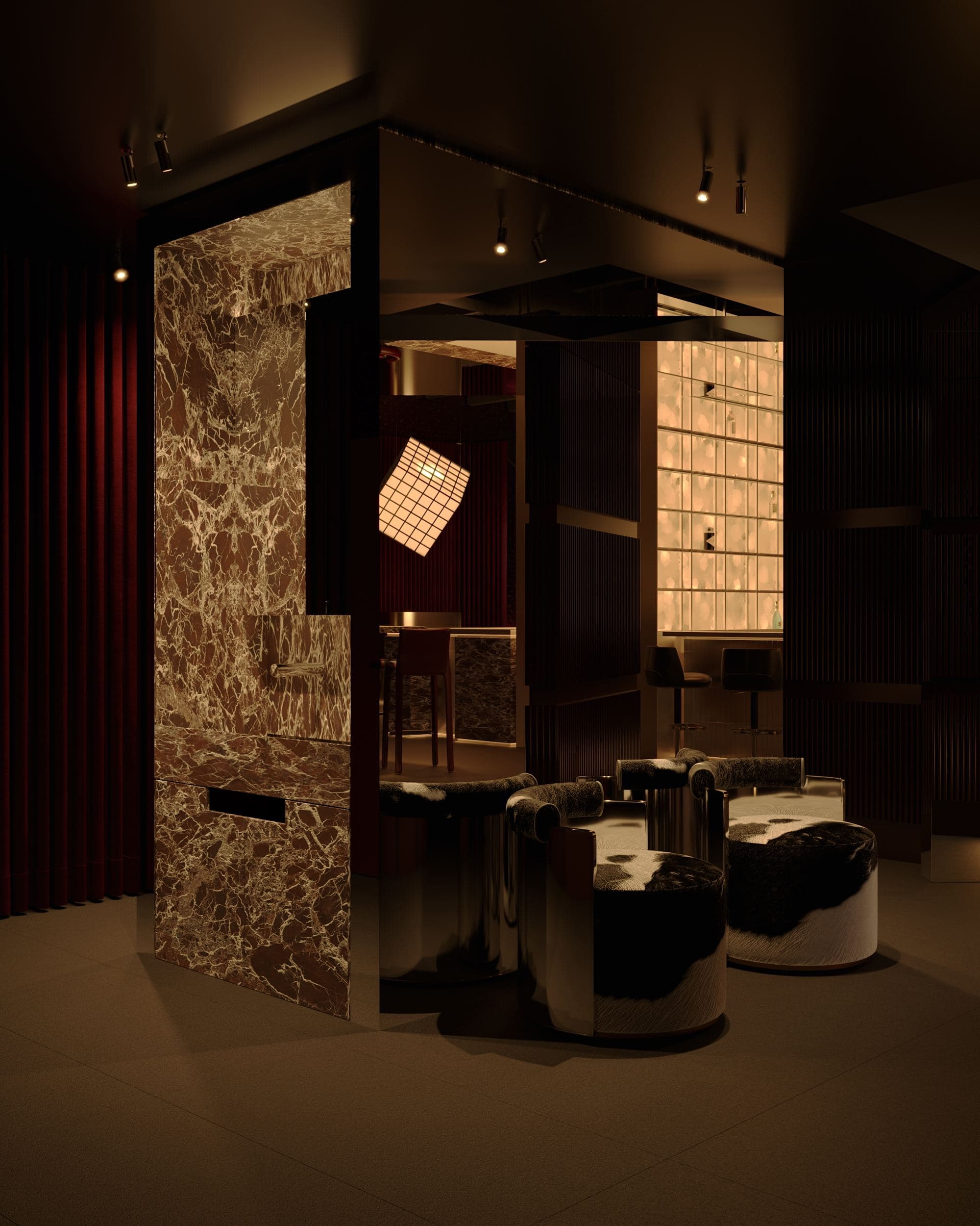 MADA Cocktail Bar — marble-clad booth dividers and stools beneath the lattice canopy