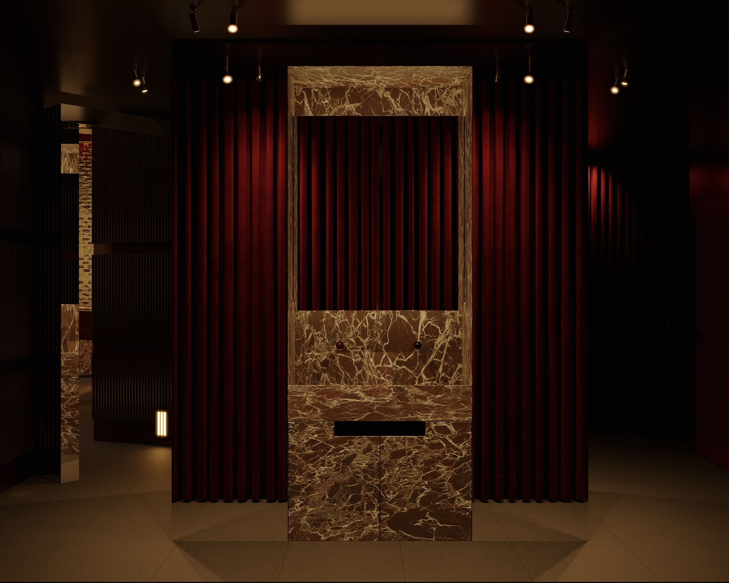 MADA Cocktail Bar — marble-clad booth dividers beside red curtained seating
