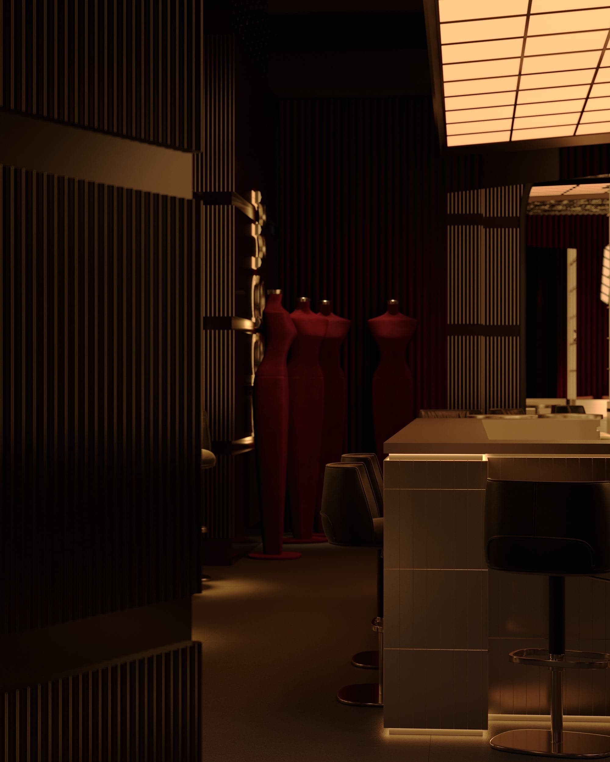 MADA Cocktail Bar — ribbed timber panelling beside a red-lit bar niche