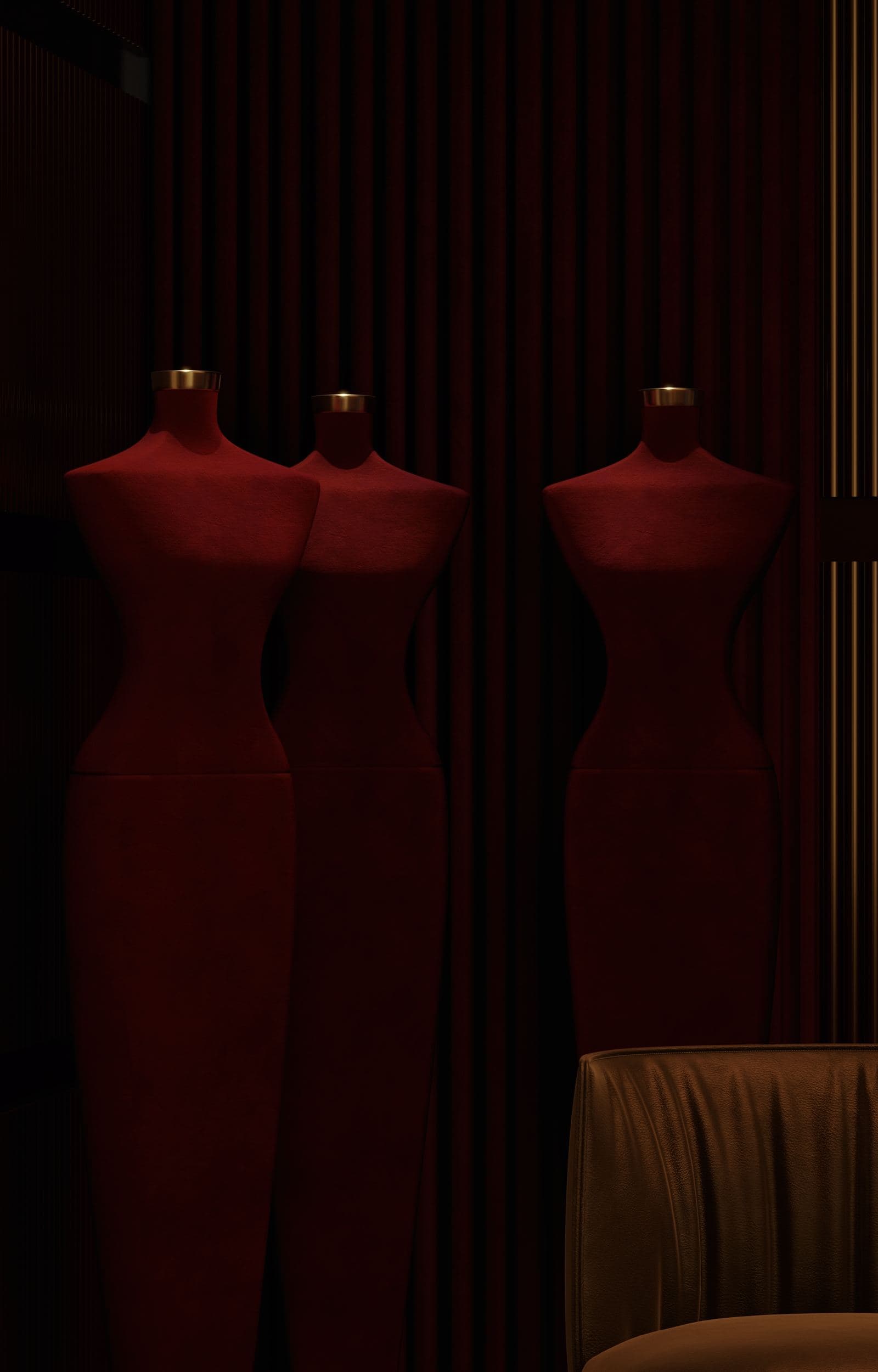MADA Cocktail Bar — red couture-style mannequins beside ribbed timber panelling