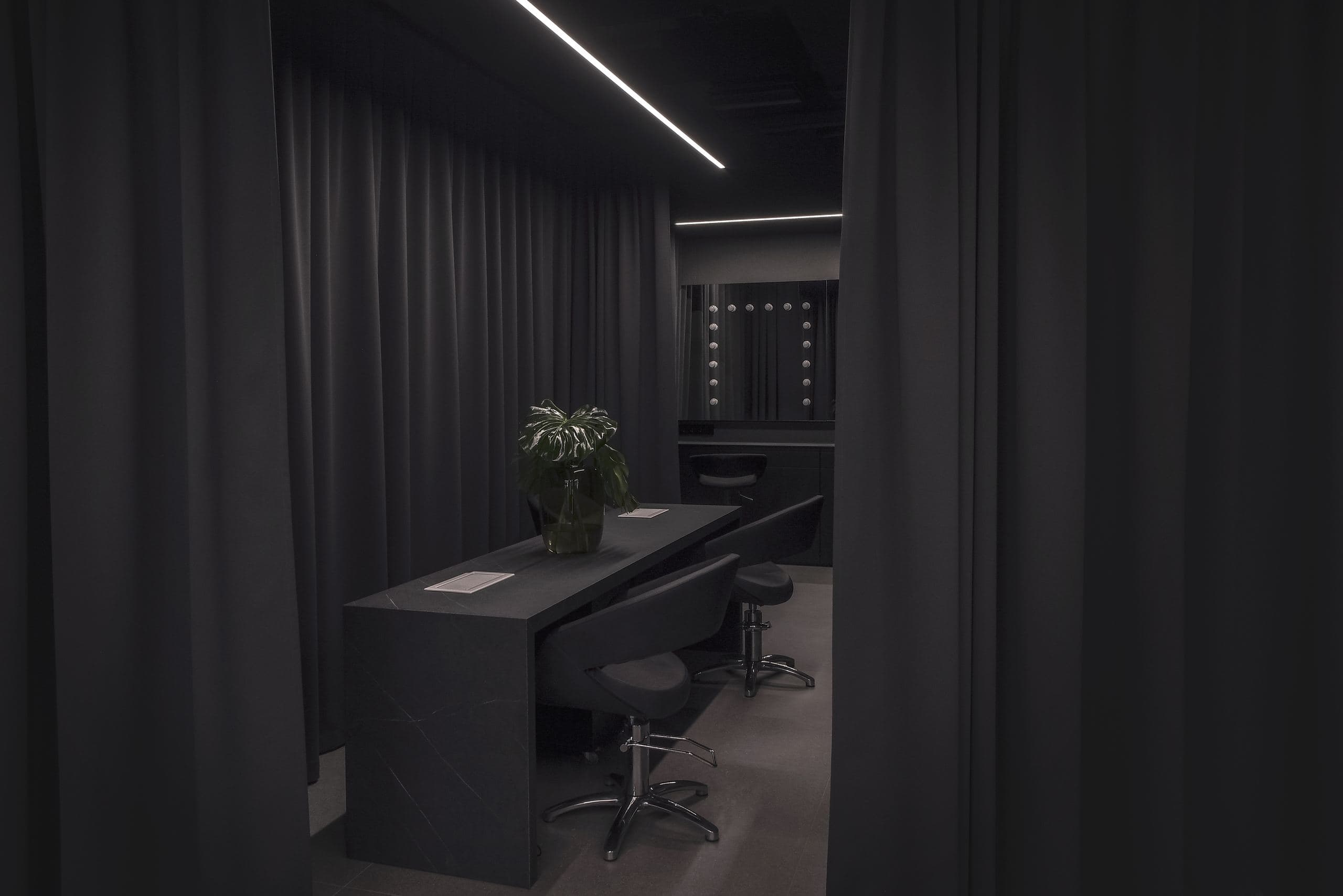 Maestro Beauty Salon — reception desk with a mirror and potted plant framed by dark curtains